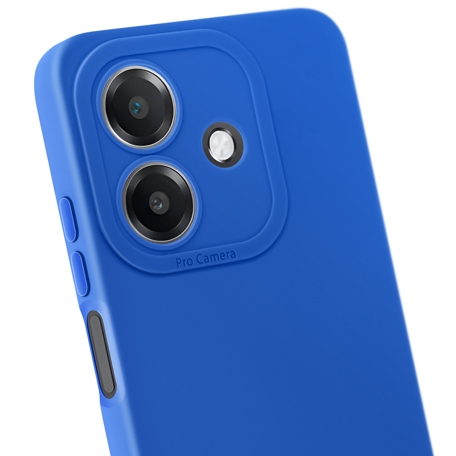 Primo piano di una custodia blu, con ritagli per la fotocamera e testo 'Pro Camera'.