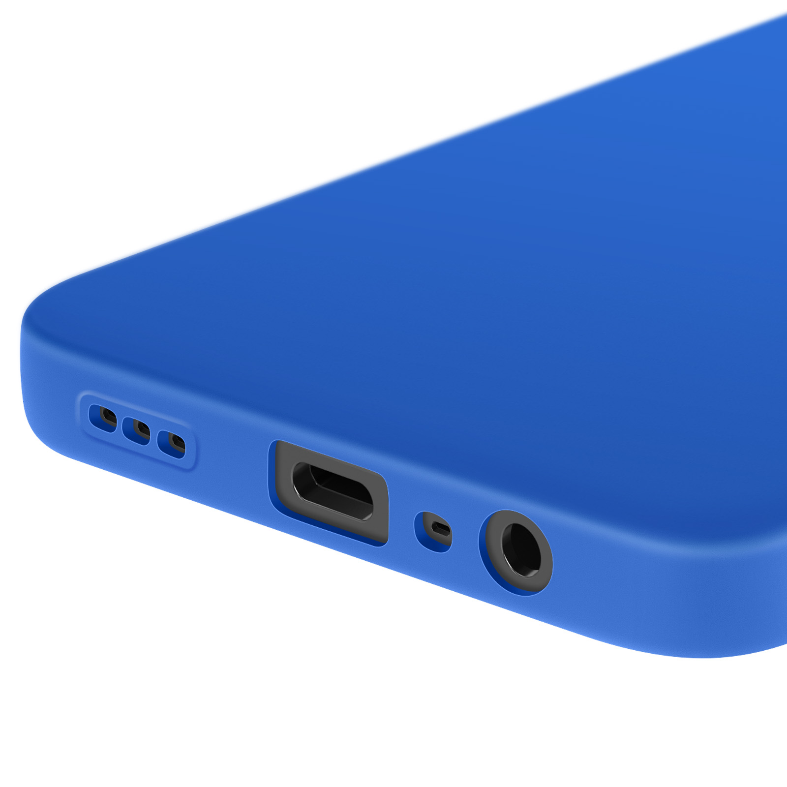Primo piano della parte inferiore di un telefono blu. Mostra la porta di ricarica, il jack per le cuffie e i fori degli altoparlanti.