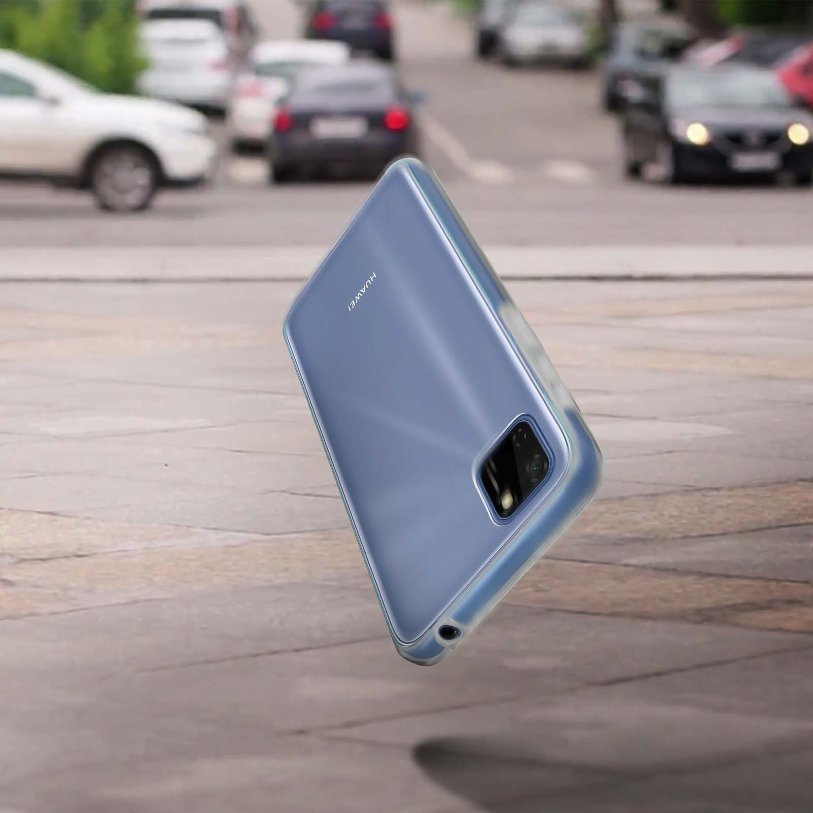 Blauwe telefoonhoes zweeft boven een straat met auto's, schuine weergave.