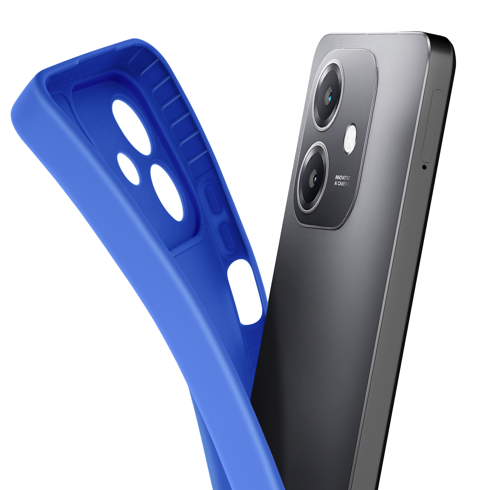 Una custodia blu viene rimossa da un telefono. Il telefono ha una fotocamera sul retro.
