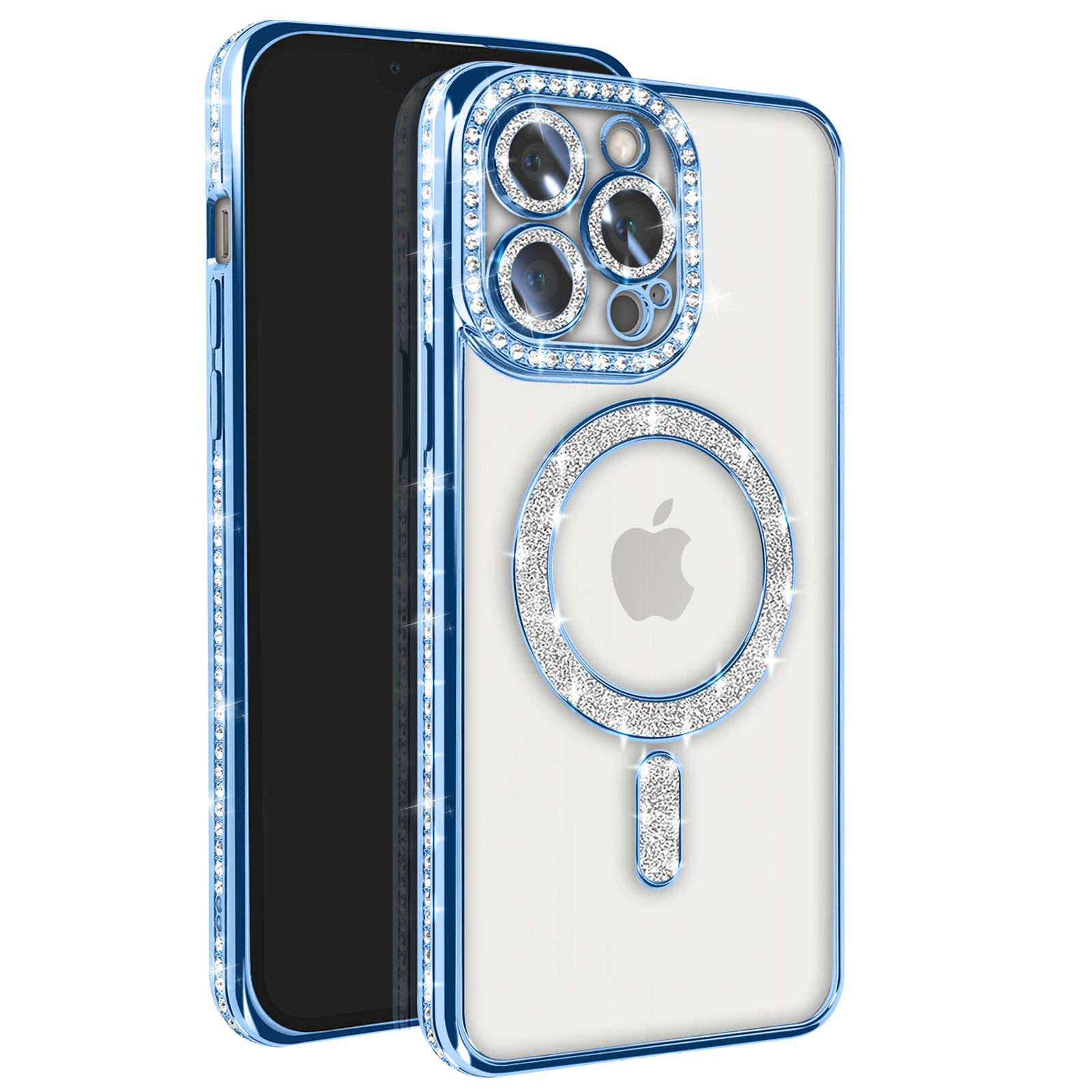 Un telefono bianco con custodia blu e diamantata. La custodia ha un anello di supporto.