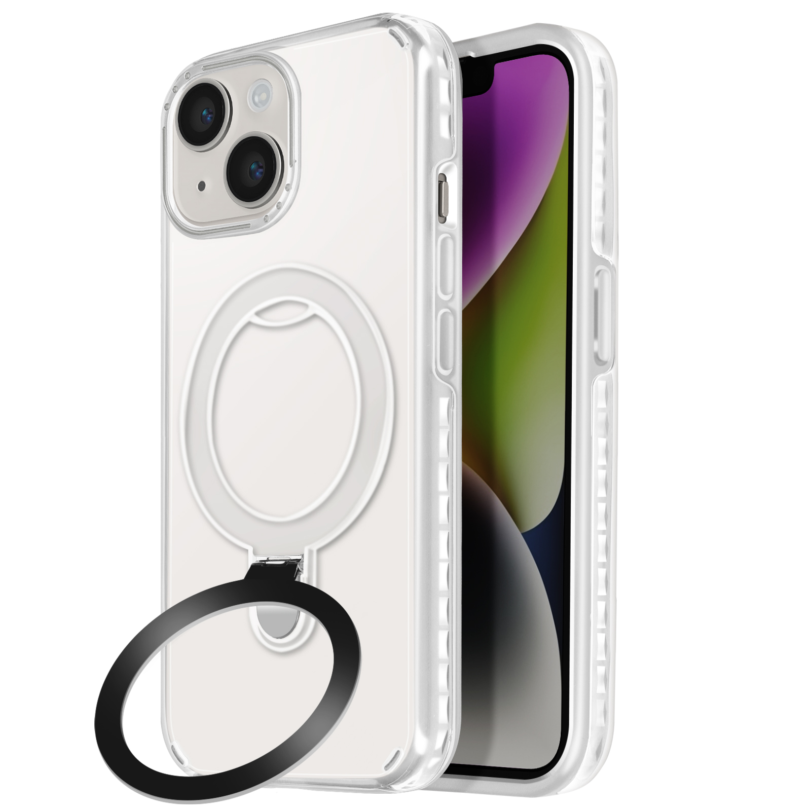 Custodia trasparente con anello, il telefono è dentro, vista laterale.