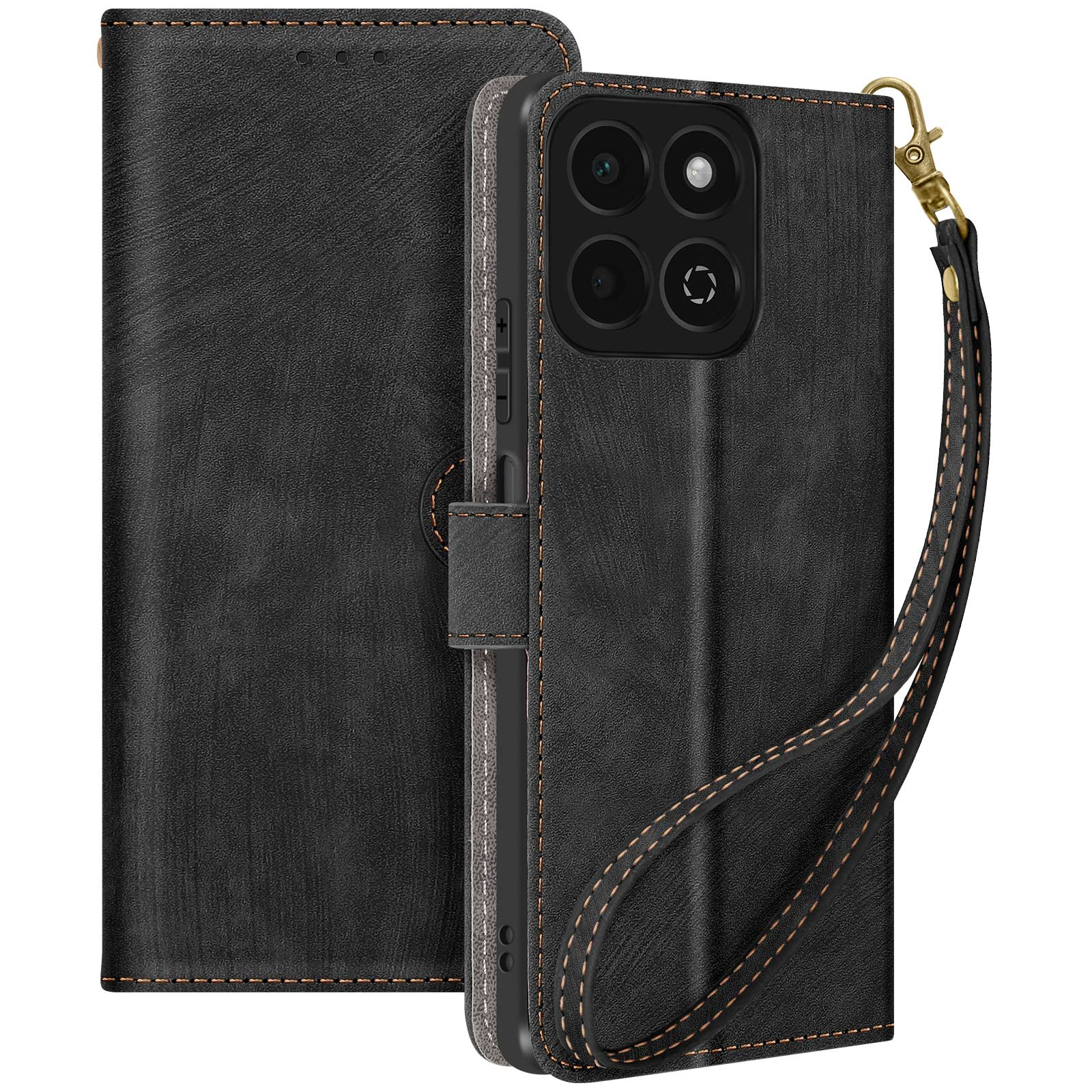 Custodia in pelle nera con design a portafoglio, con cinturino e telefono con fotocamera.