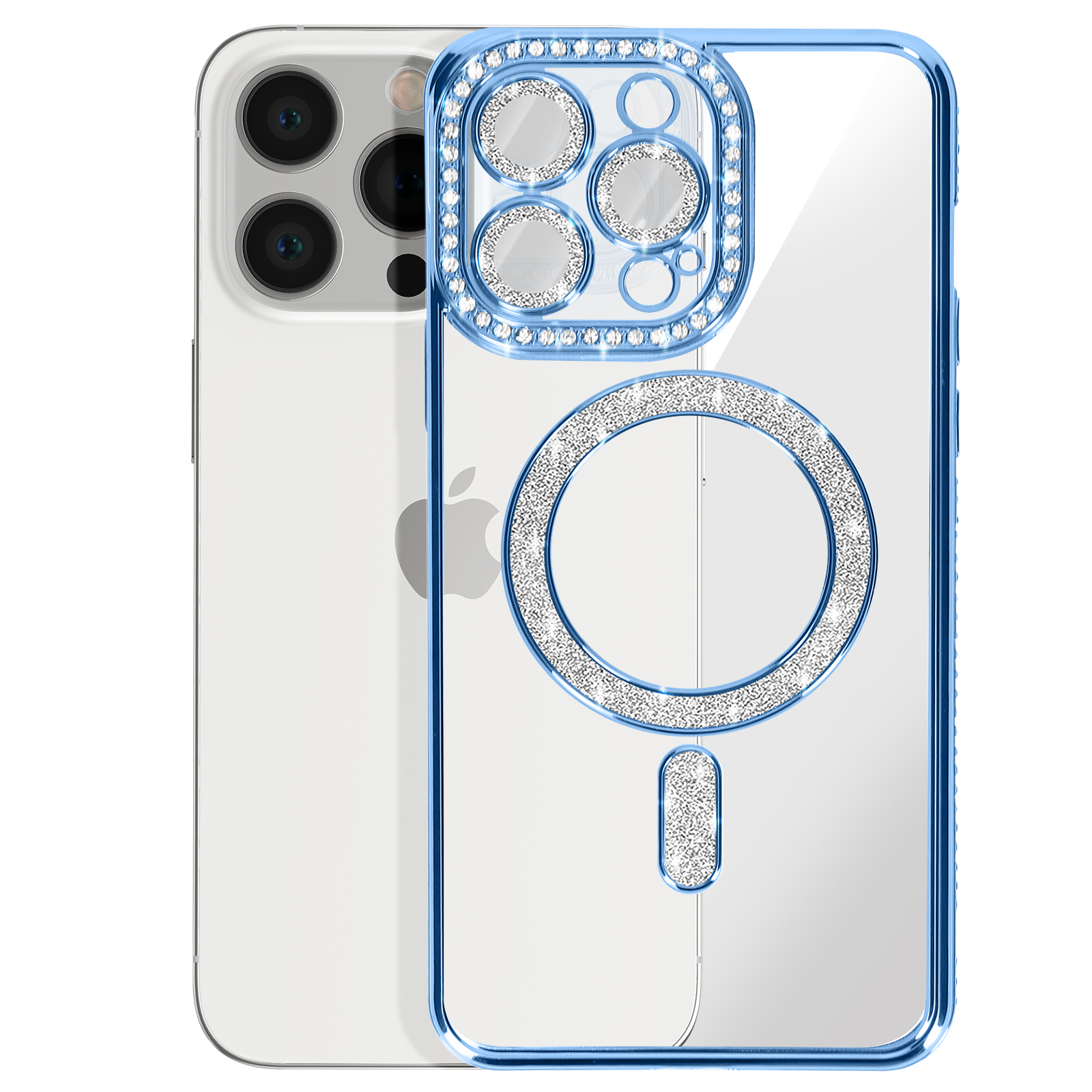 Un telefono bianco con custodia blu e diamantata. La custodia ha un anello magnetico.