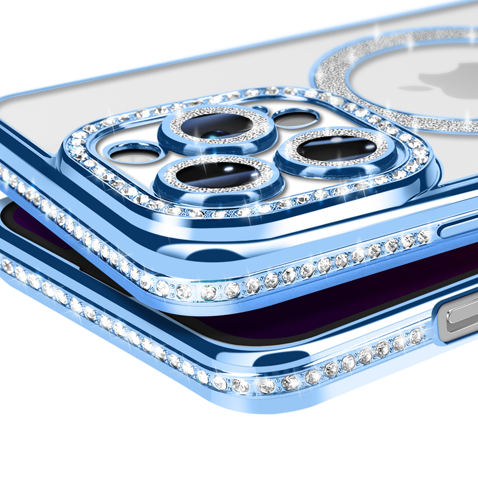 Custodia blu per telefono con cornice tempestata di diamanti attorno agli obiettivi e ai bordi. Primo piano.