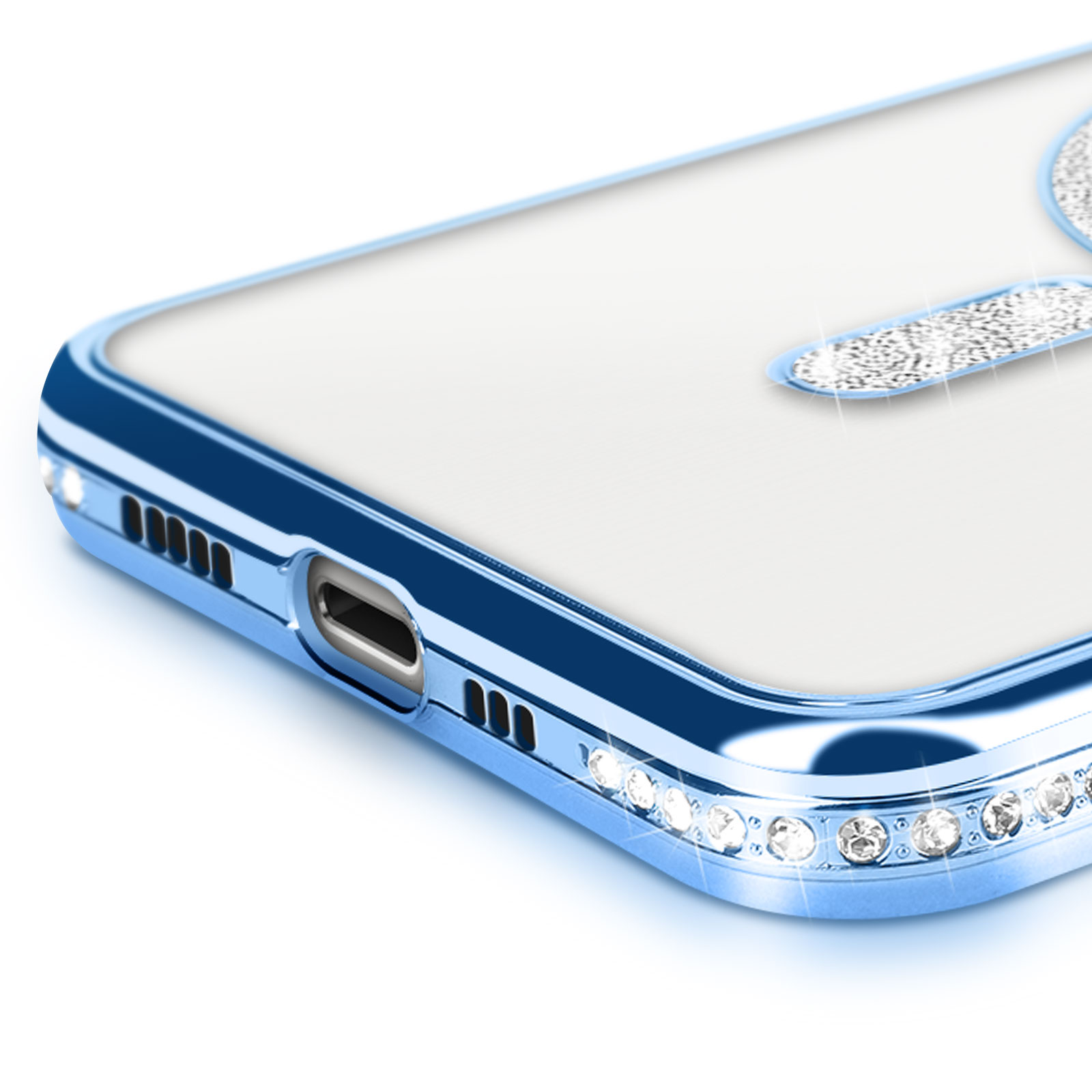 Custodia per telefono con diamanti attorno alla fotocamera e la lettera sul retro.