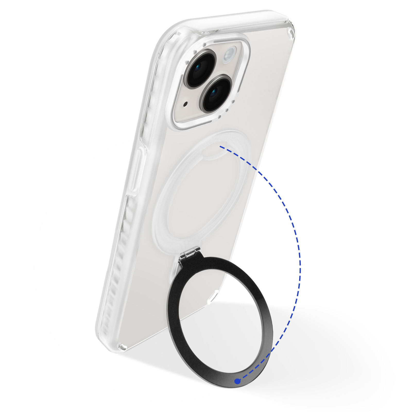 Custodia per telefono con anello. Il telefono è su sfondo bianco.