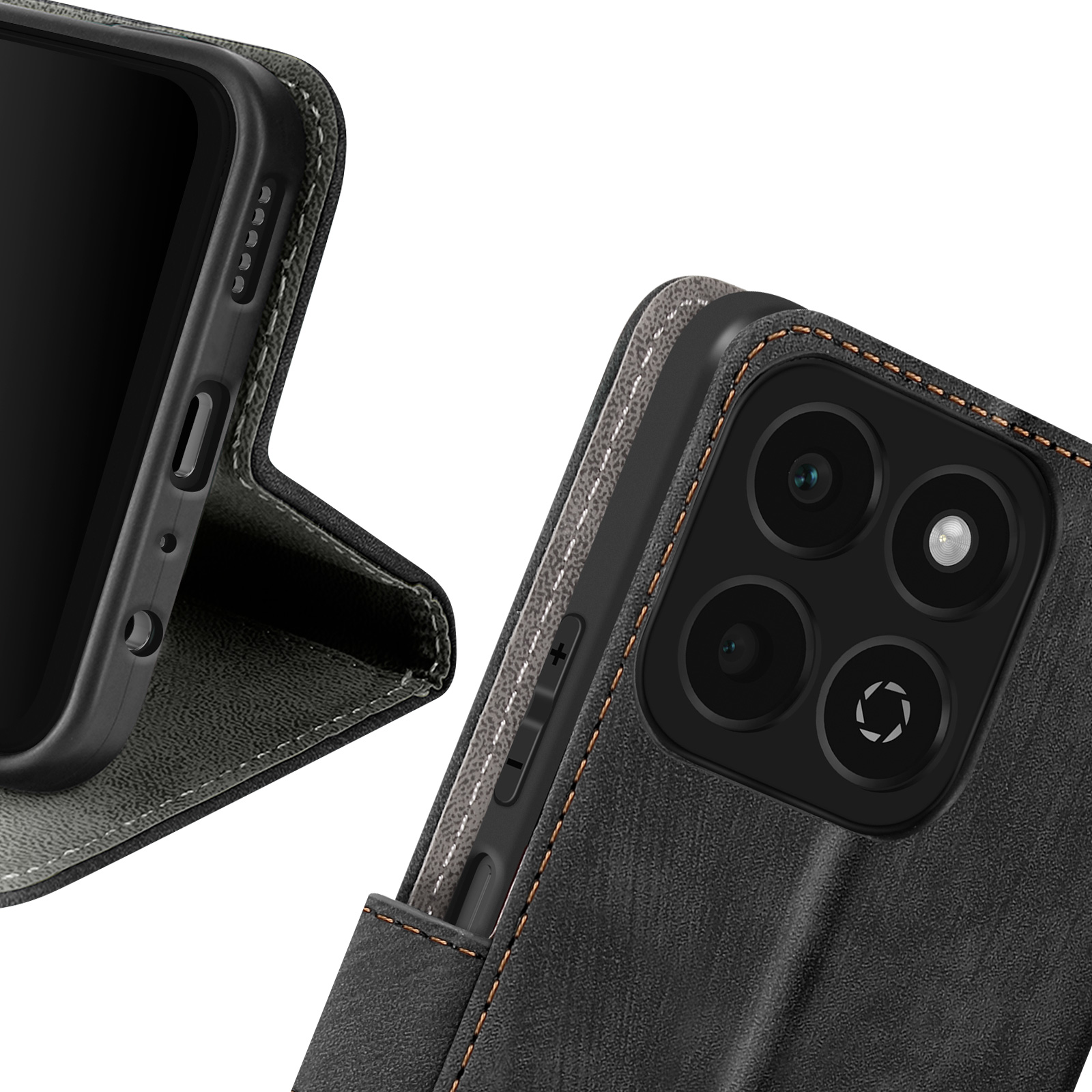Custodia per telefono, nera effetto pelle con cuciture. Telefono di lato. Obiettivi fotocamera visibili.