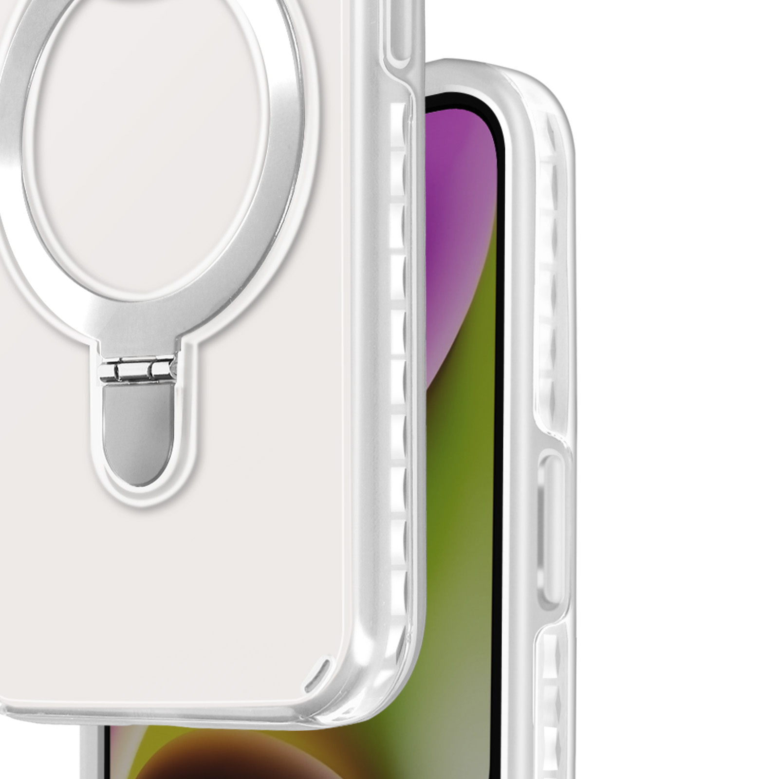 Custodia trasparente con anello porta telefono argentato. Telefono con sfondo rosa e verde.