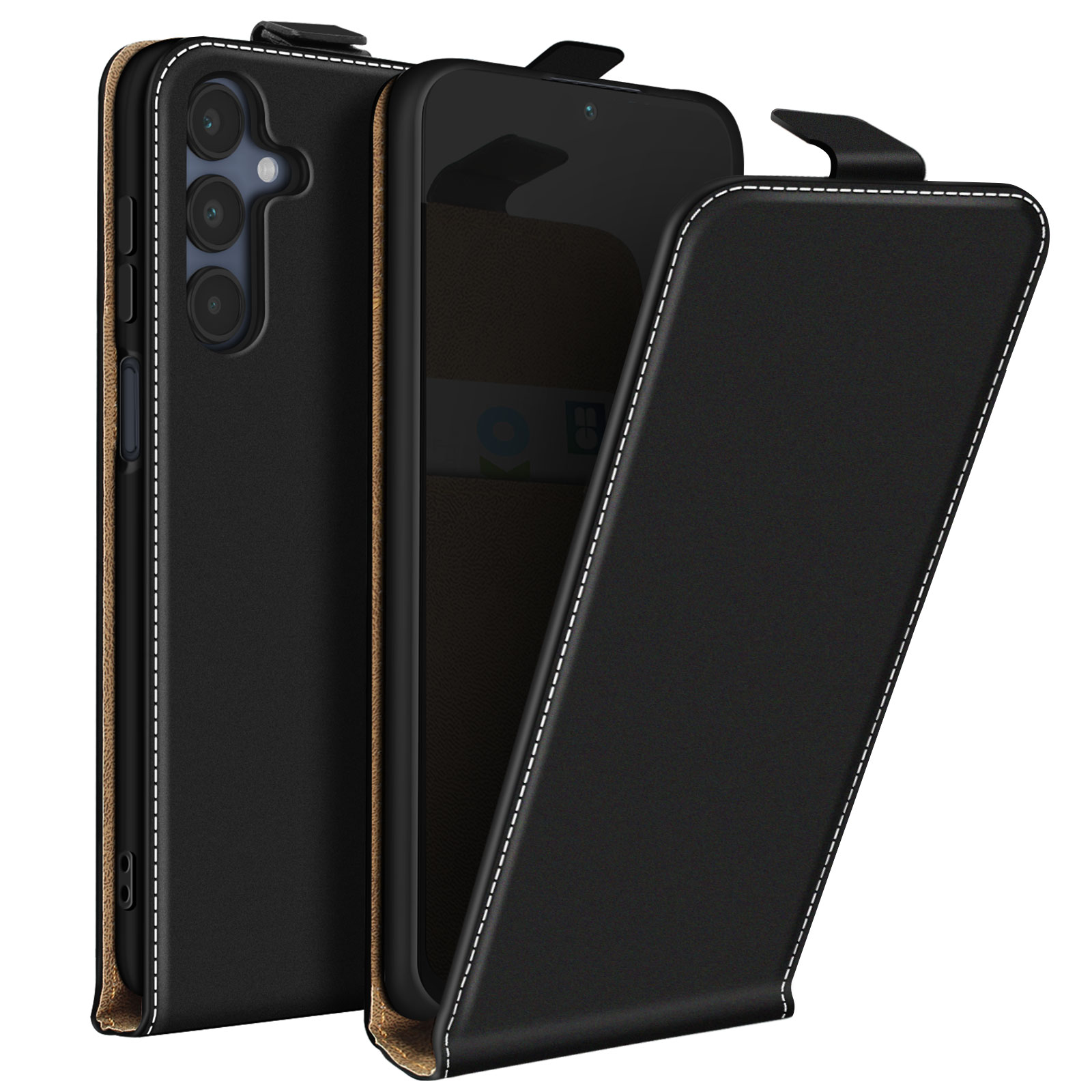 Offene schwarze Handyhülle, zeigt das Telefon innen, mit Nahtdetails.