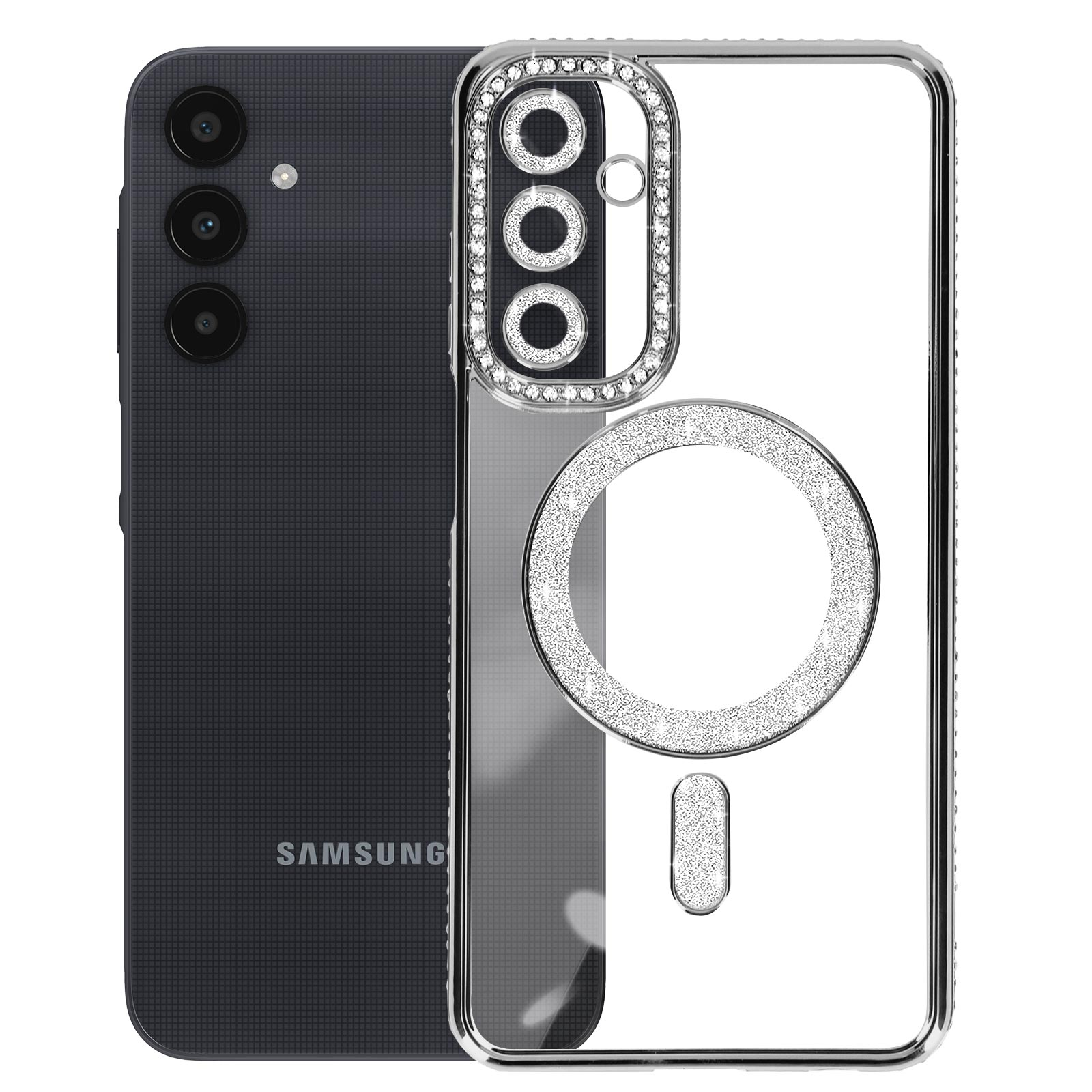 Telefono Samsung nero con custodia trasparente, adornata con cristalli e un anello magnetico.