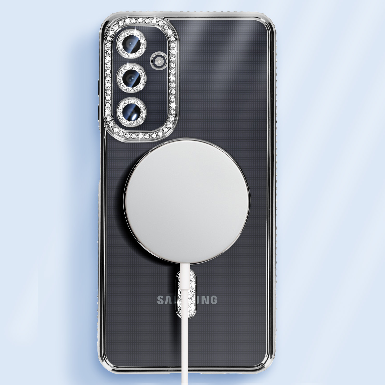 Custodia per telefono con strass e caricatore magnetico. Il telefono è su sfondo blu.