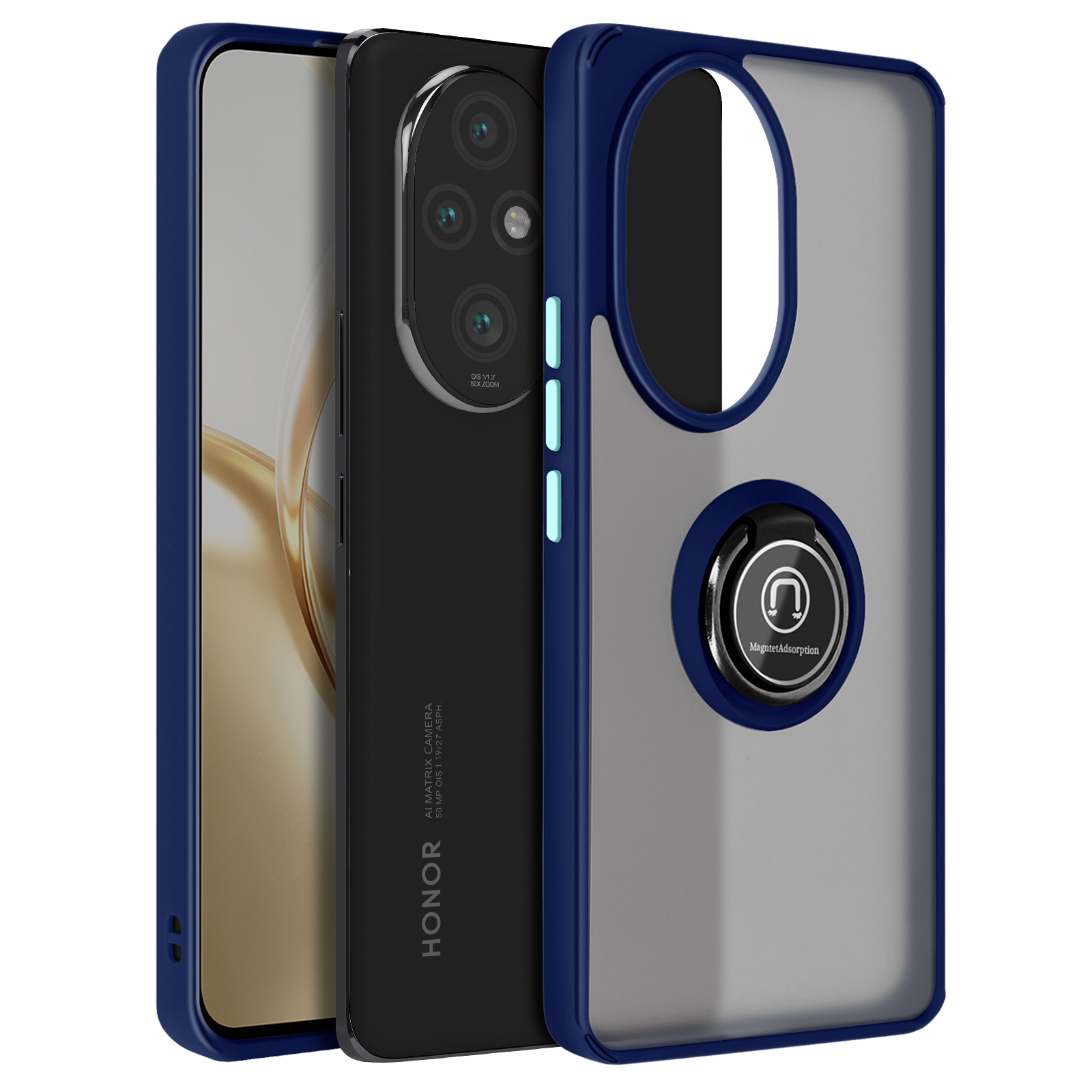 Un telefono con custodia trasparente, supporto ad anello e logo HONOR su sfondo bianco.