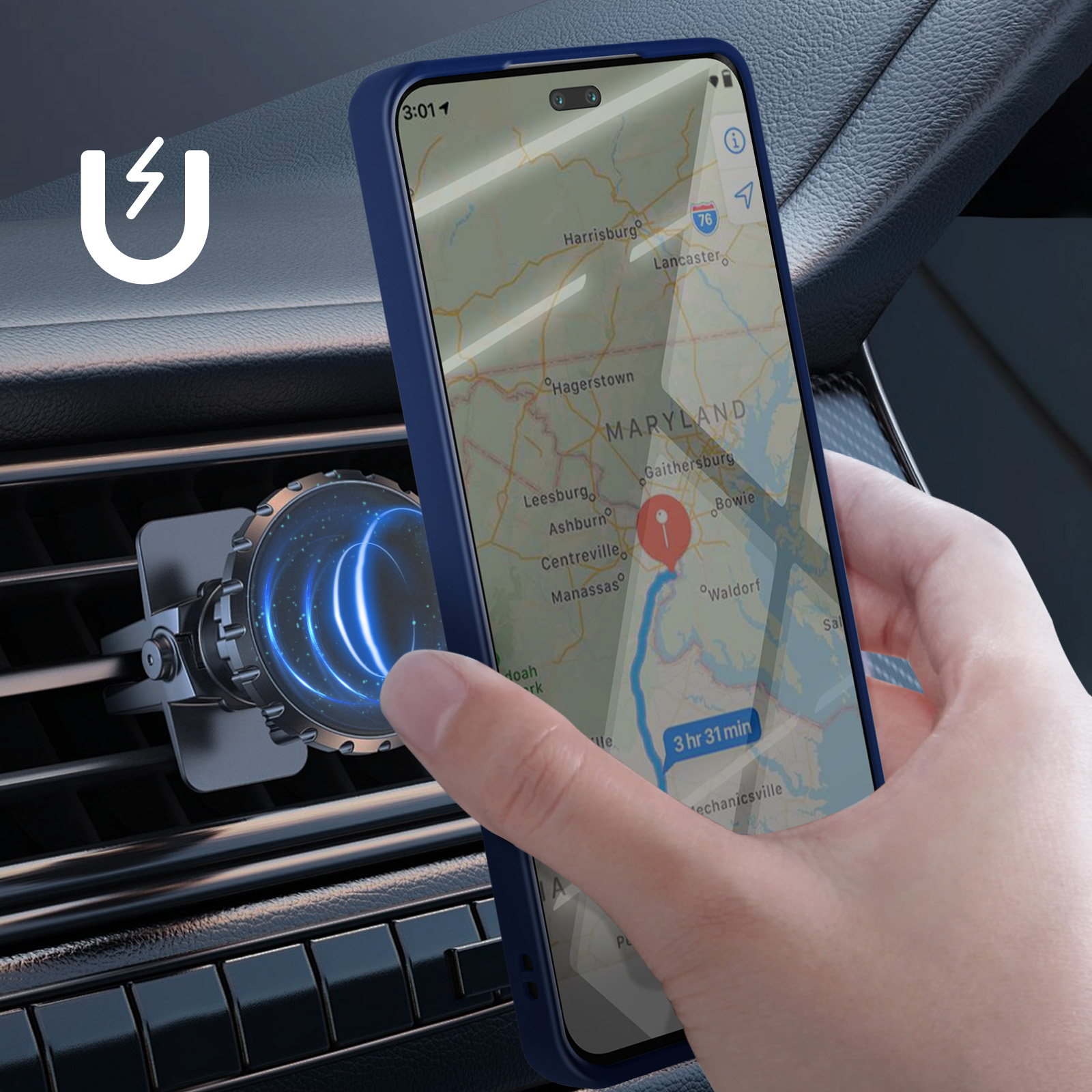Telefono in una custodia blu, montato sulla bocchetta dell'auto. Mappa sullo schermo.