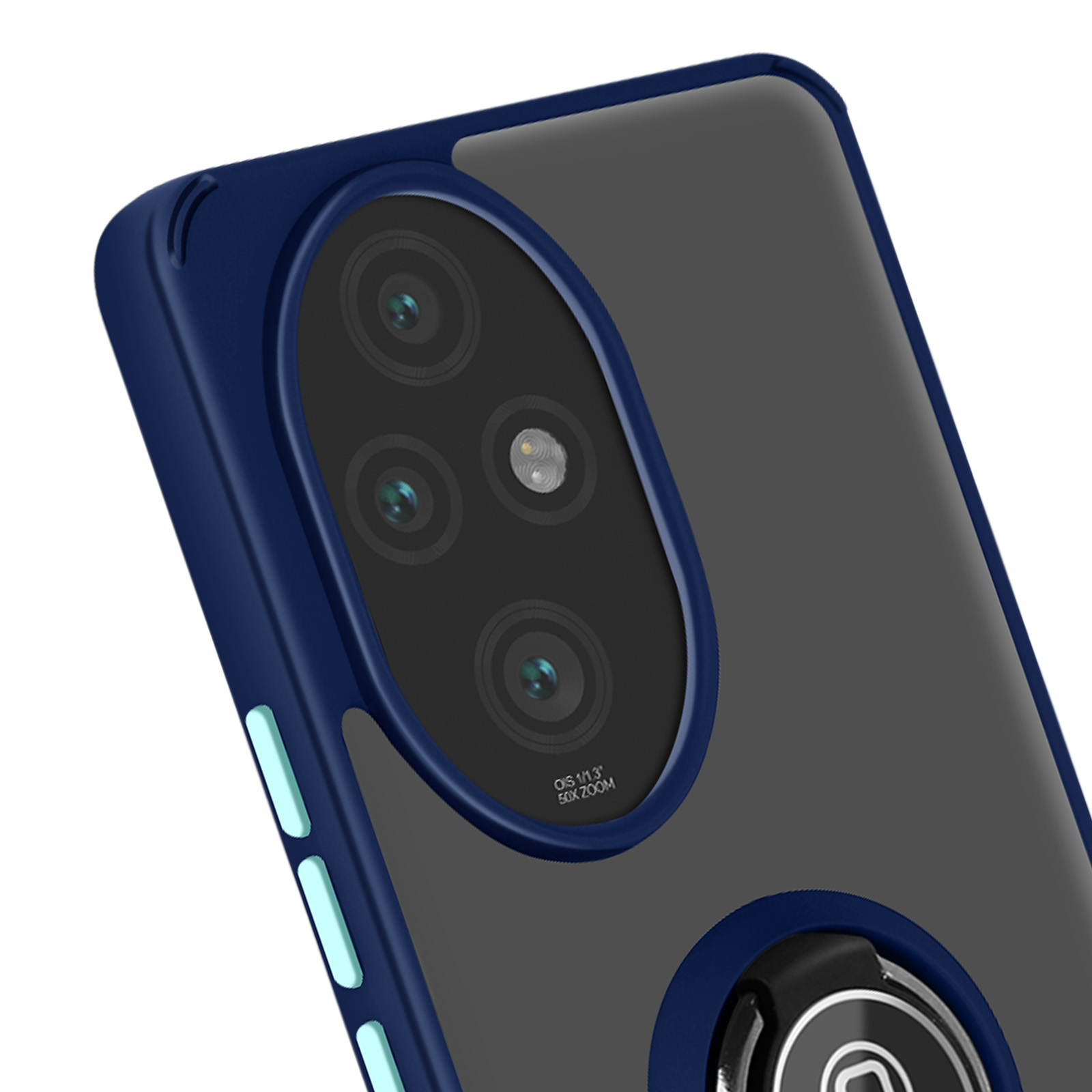 Primo piano di una custodia per telefono blu e grigia con lenti della fotocamera. Sfondo bianco.