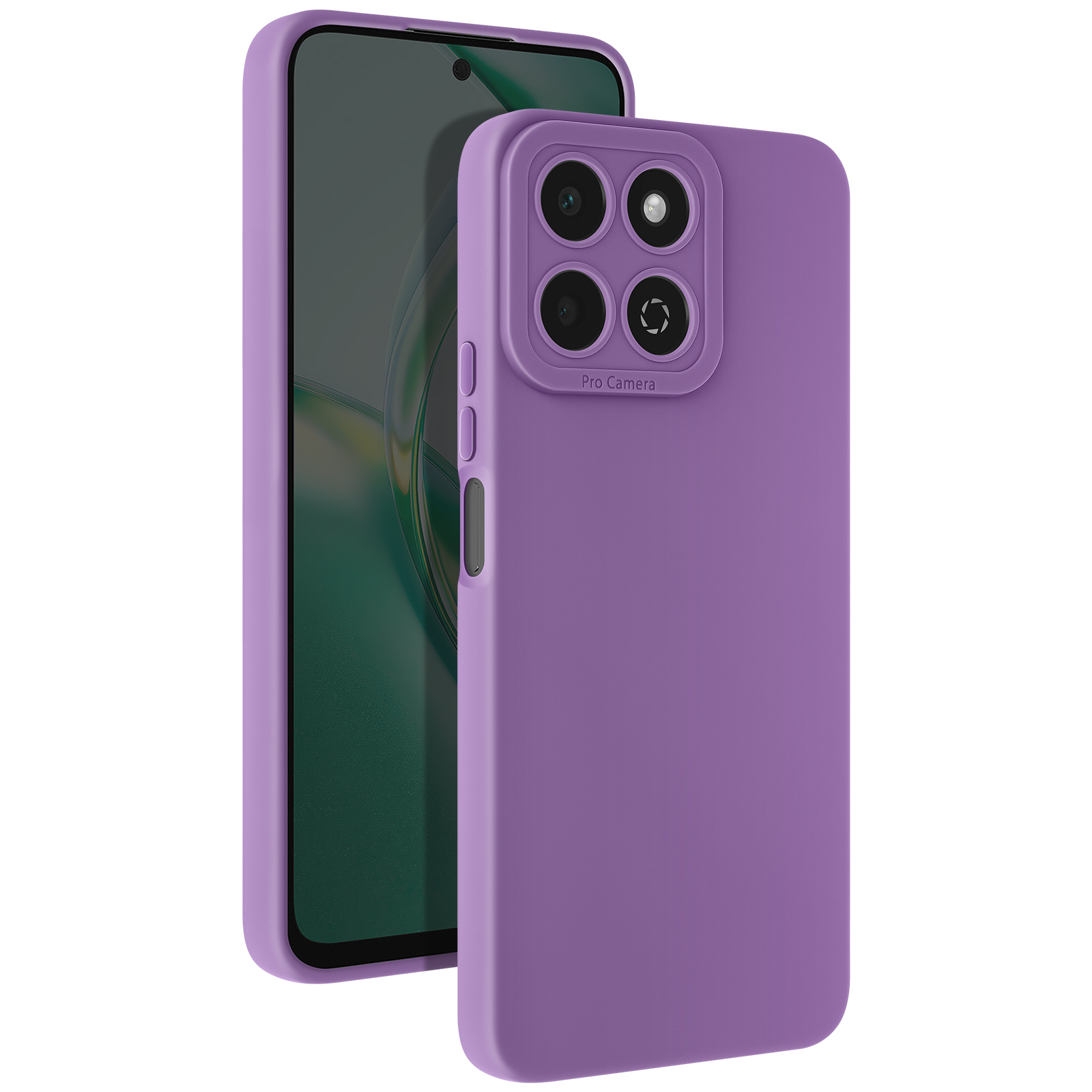 Custodia per telefono viola con quattro obiettivi. Il telefono non è visibile nella custodia.