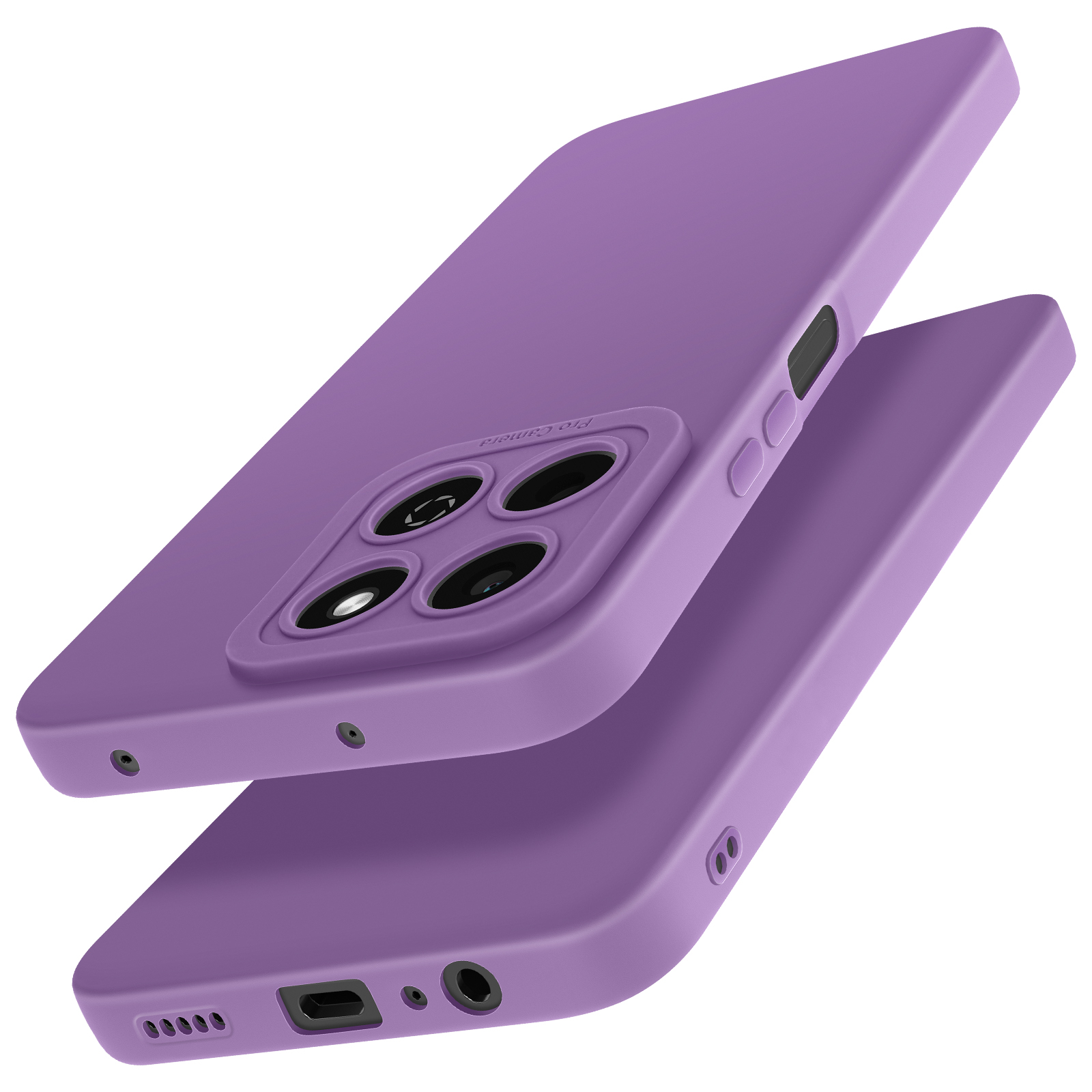 Due custodie per telefono viola. Entrambe hanno una sezione fotocamera visibile.
