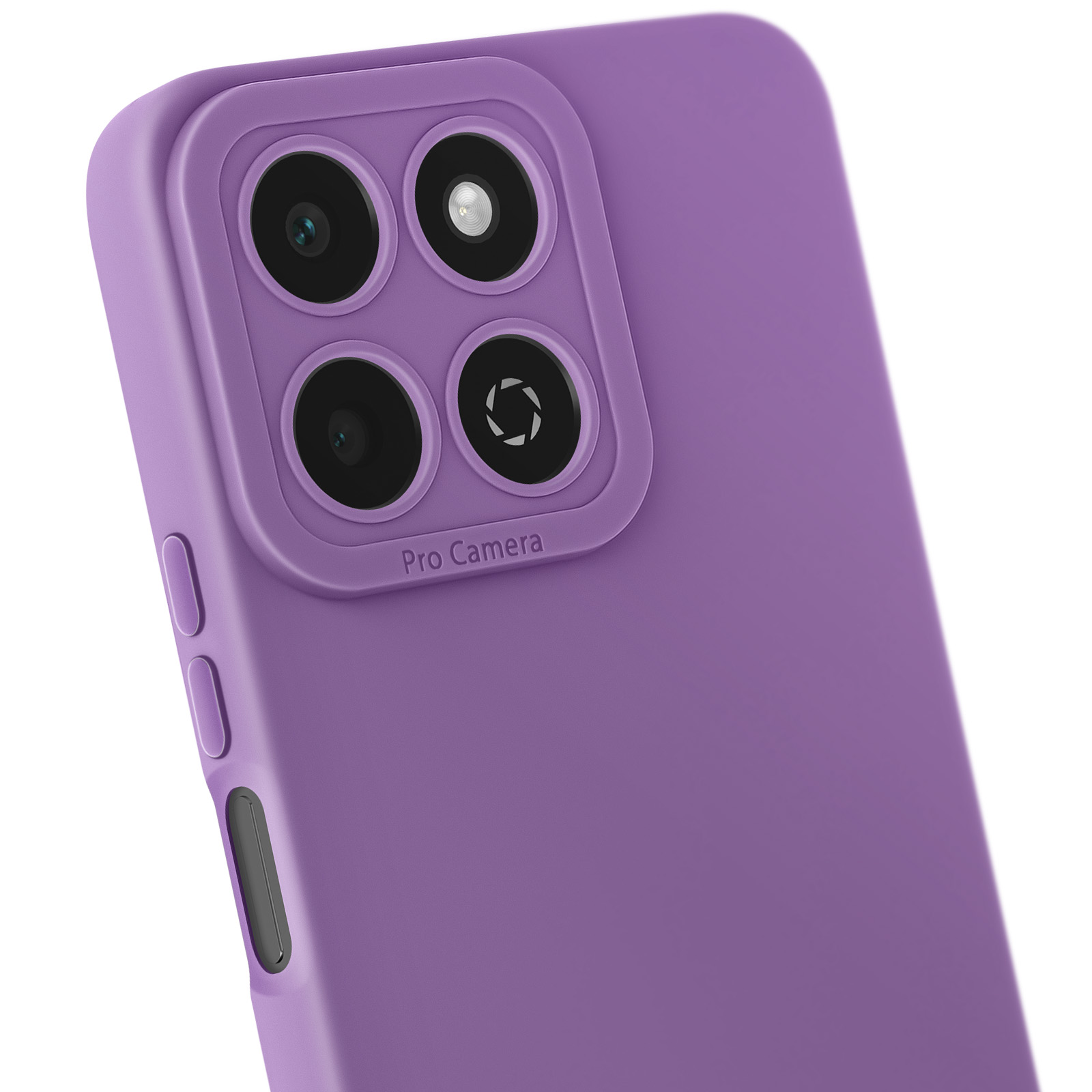 Primo piano di una custodia per telefono viola. Quattro obiettivi visibili.
