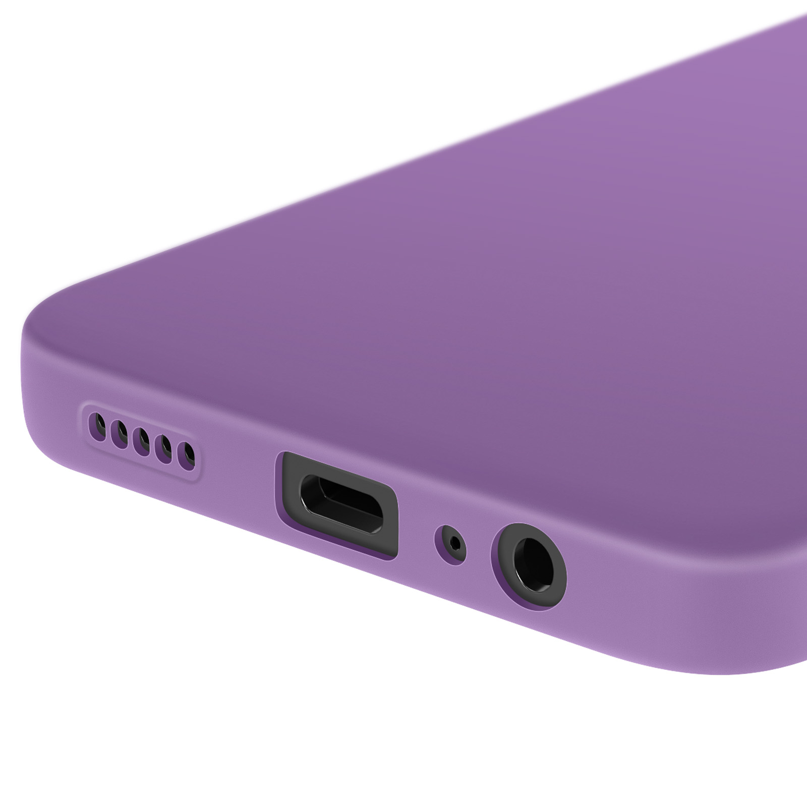 Primo piano di una custodia per telefono viola. La custodia ha una porta di ricarica e fori per altoparlanti.