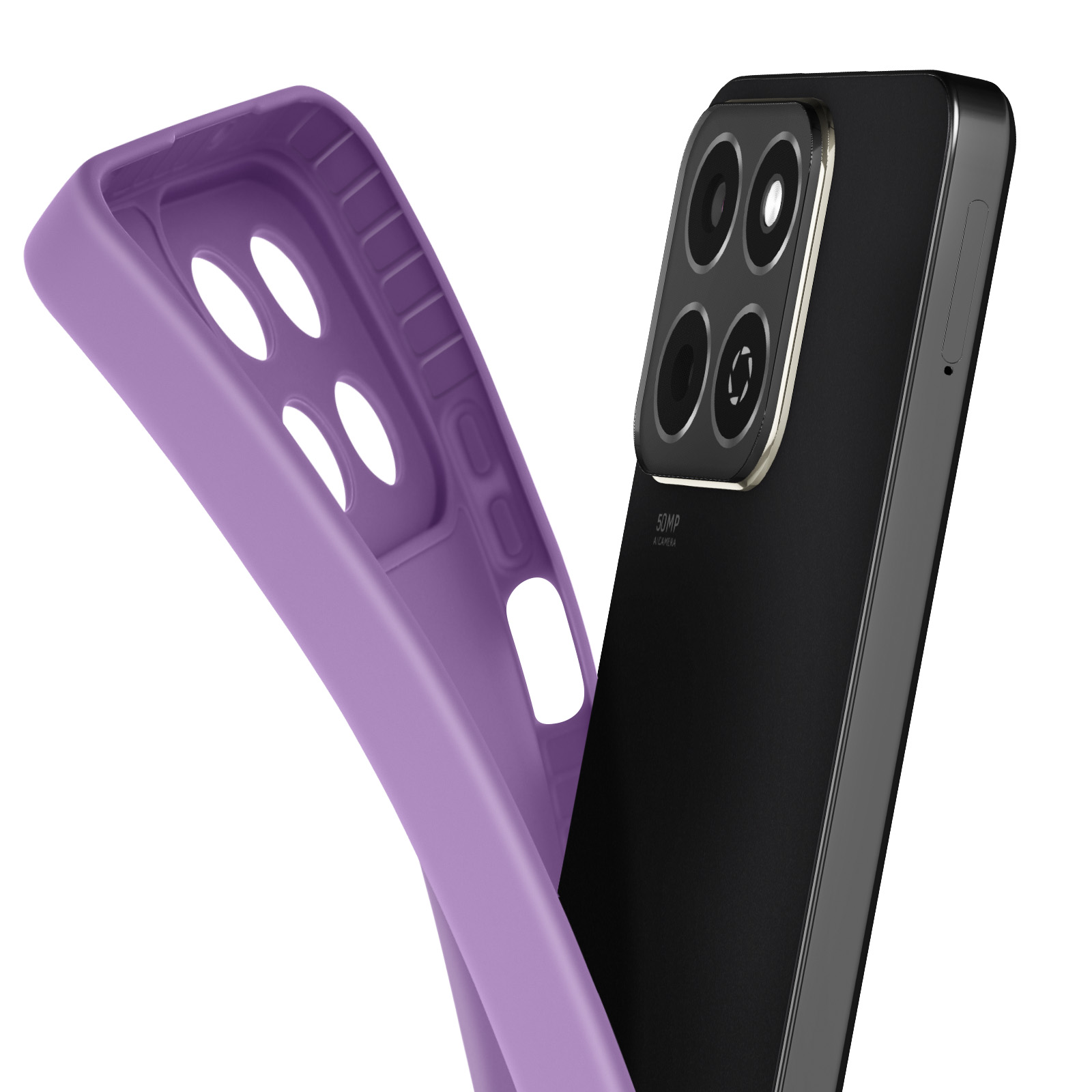 Custodia per telefono con telefono fuori. La custodia è viola, il telefono nero.