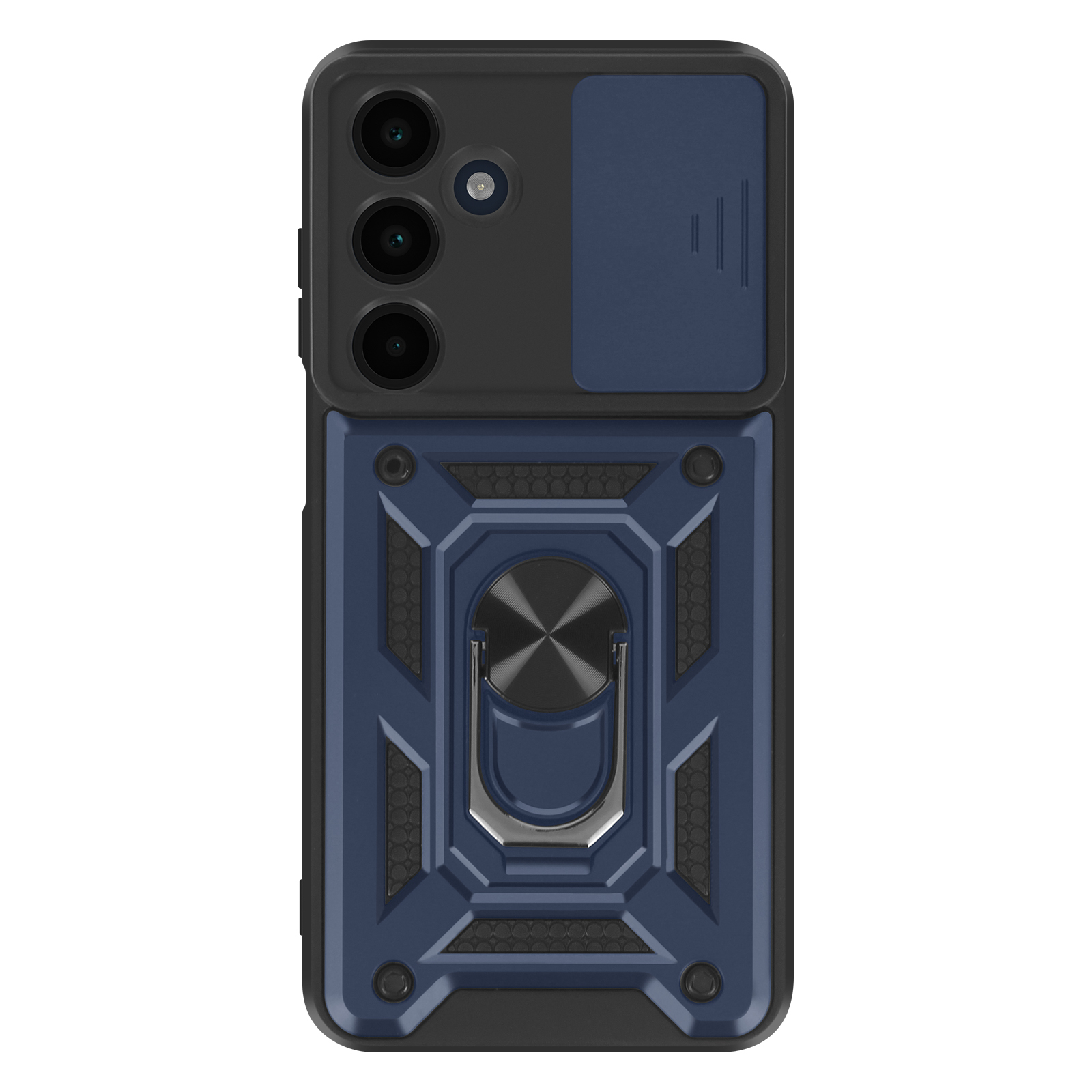 Coque de téléphone bleue et noire avec anneau. Elle a un cache caméra et est inclinée.