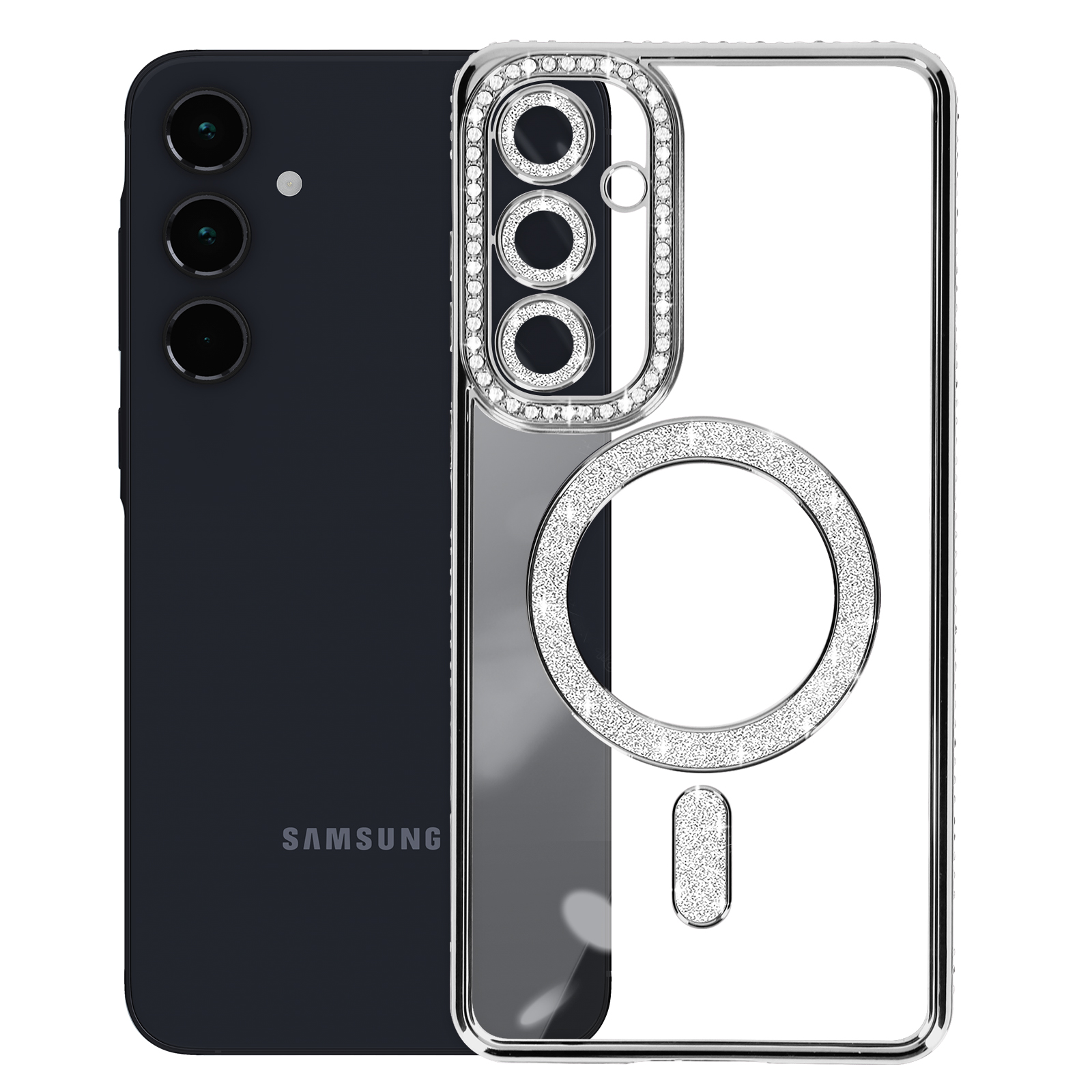Telefono Samsung nero con custodia trasparente adornata di strass, anello MagSafe e design protettivo.