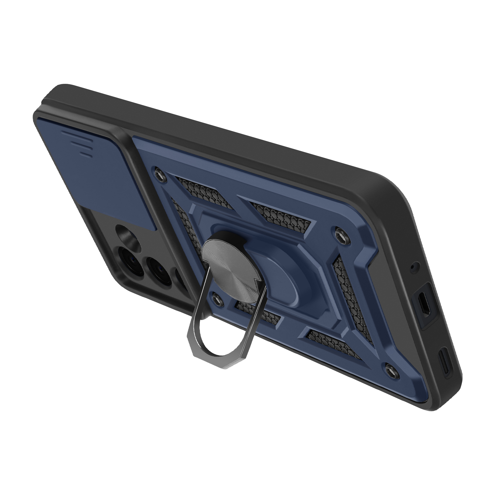 Coque bleue et noire avec anneau et cache caméra. La coque est inclinée sur le côté.