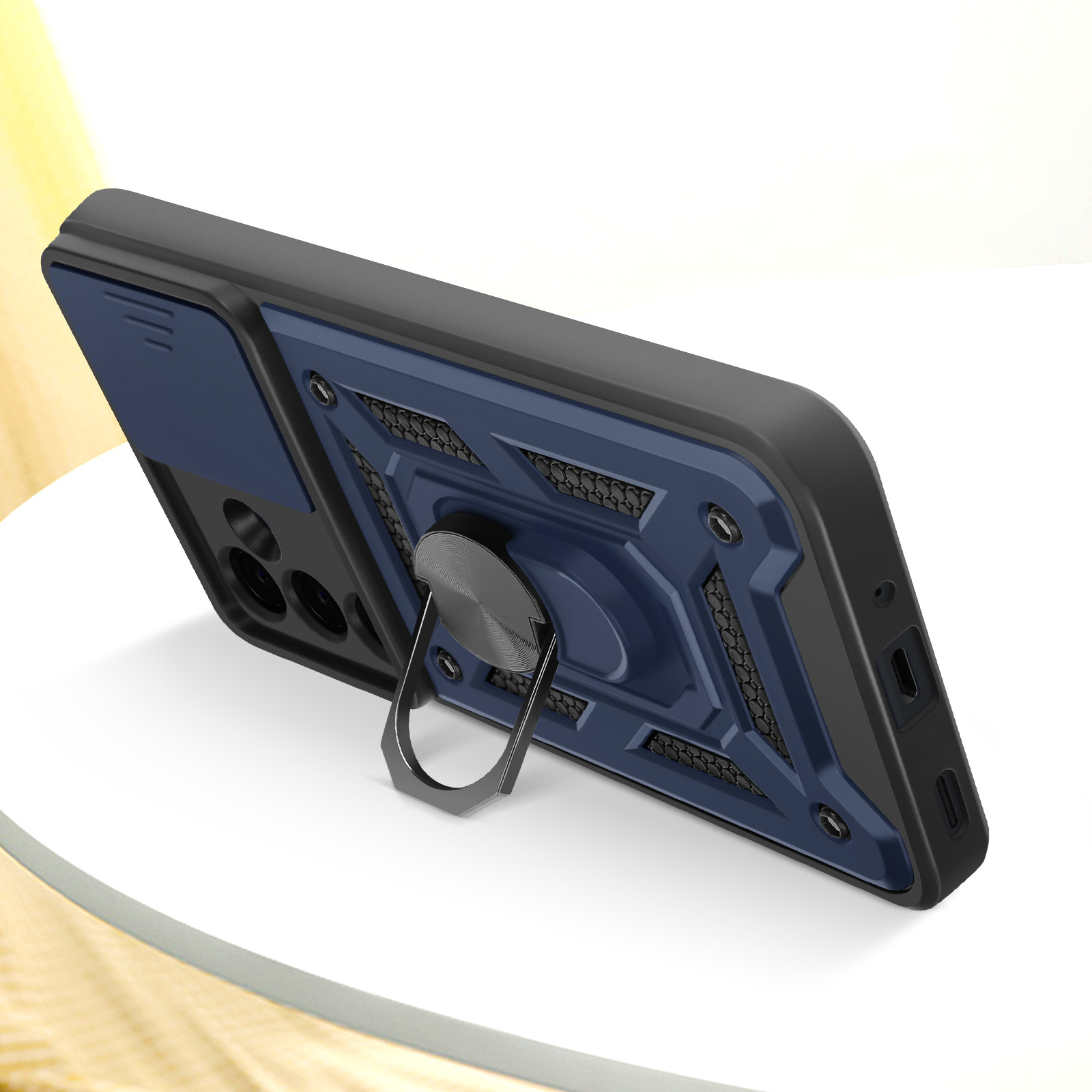 Coque de téléphone avec béquille, détail bleu et support d'anneau métallique, sur une surface blanche.