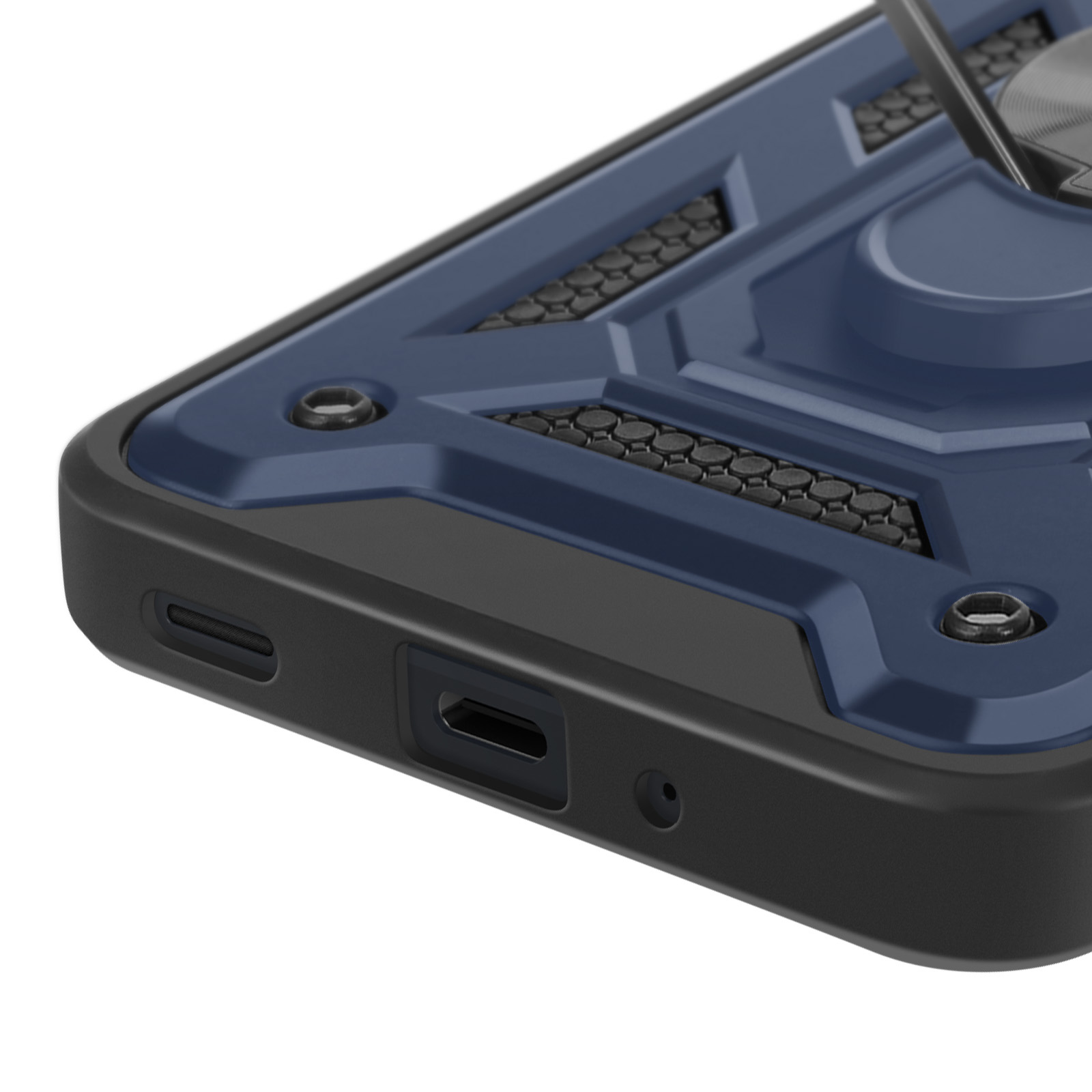 Gros plan sur la coque du téléphone. Coque bleue et noire avec port de charge et trous.
