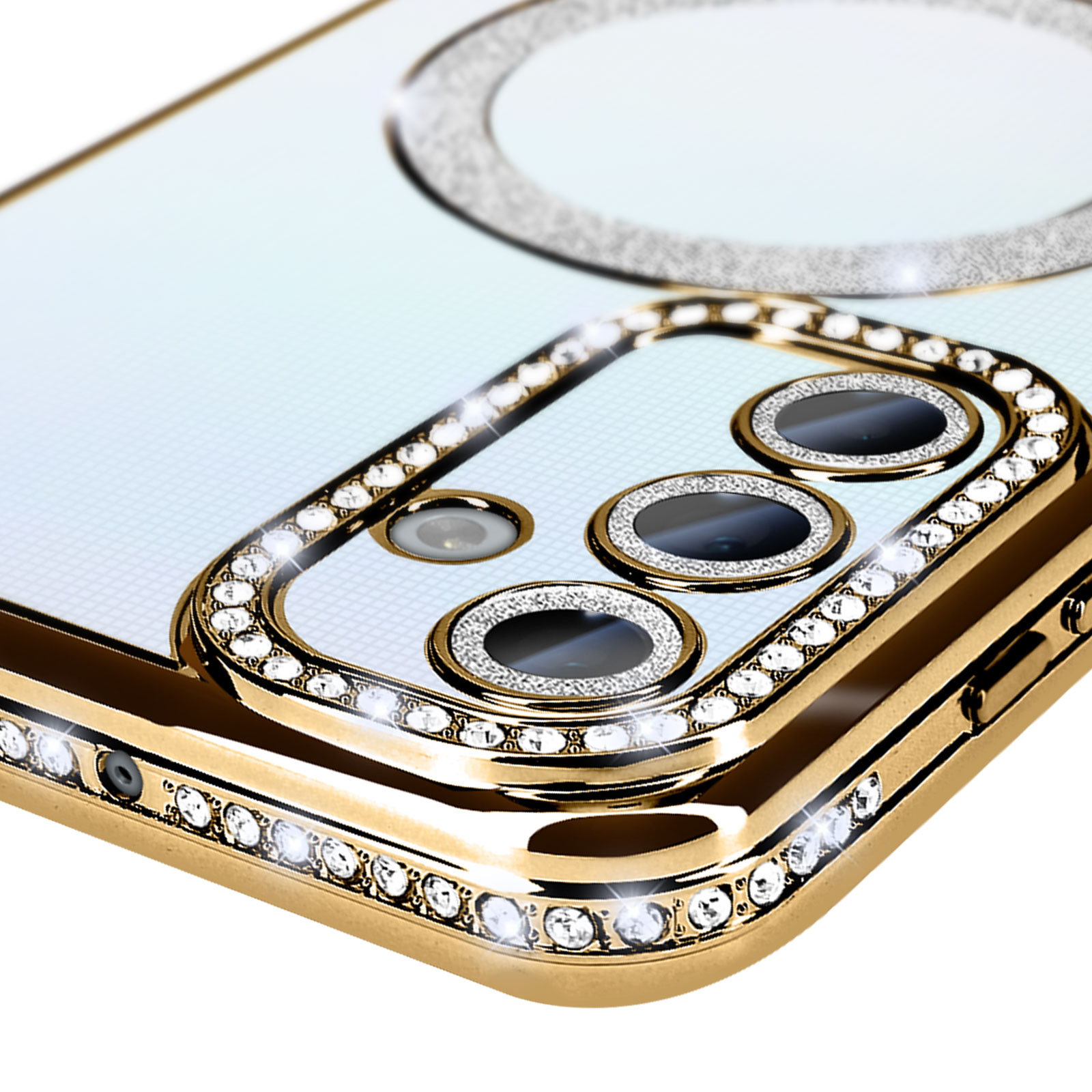 Custodia per telefono con cornice dorata, dettagli diamantati attorno alle lenti. Il telefono è visibile.