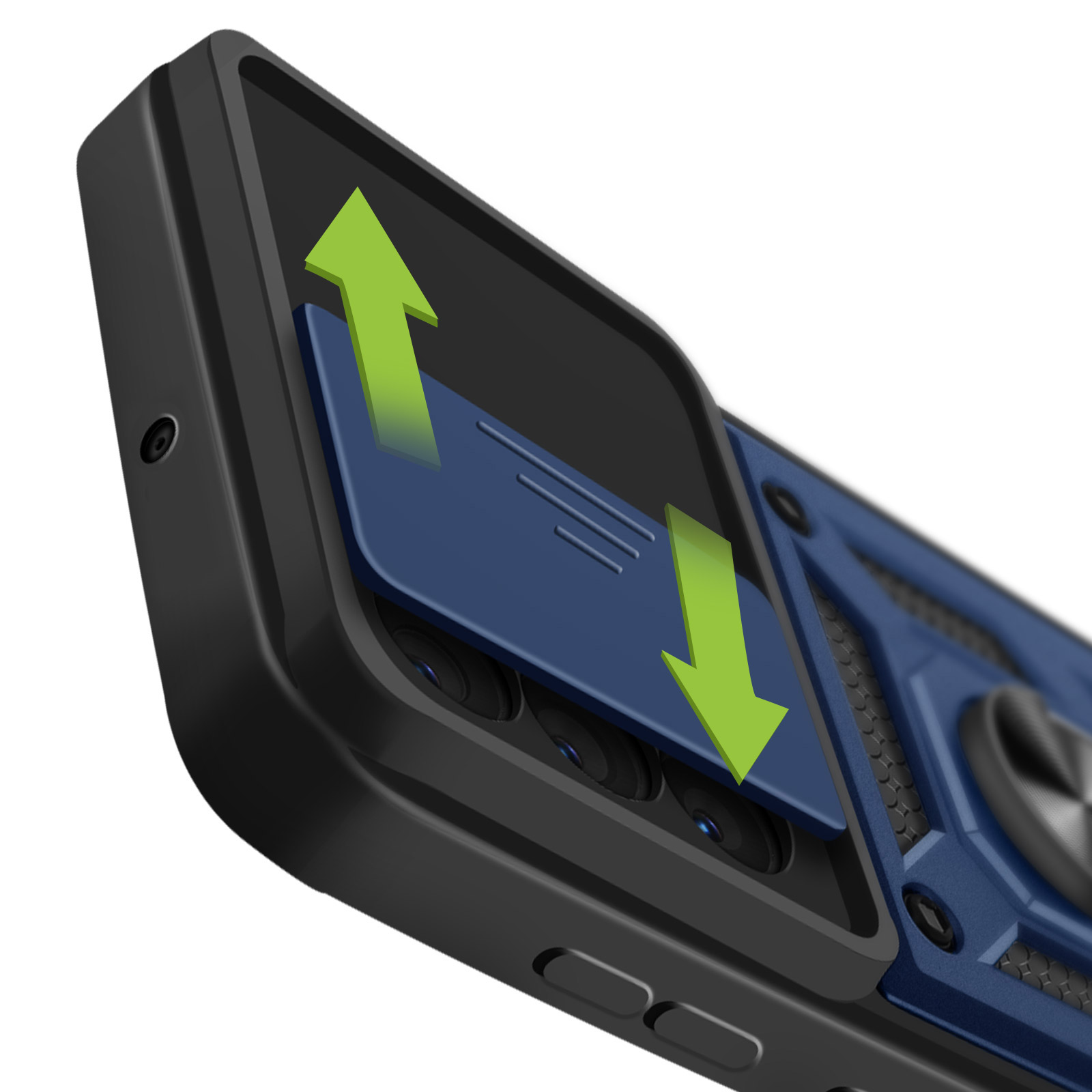 Telefoonhoes met camerabescherming. Groene pijlen tonen hoe de bescherming open en dicht gaat.