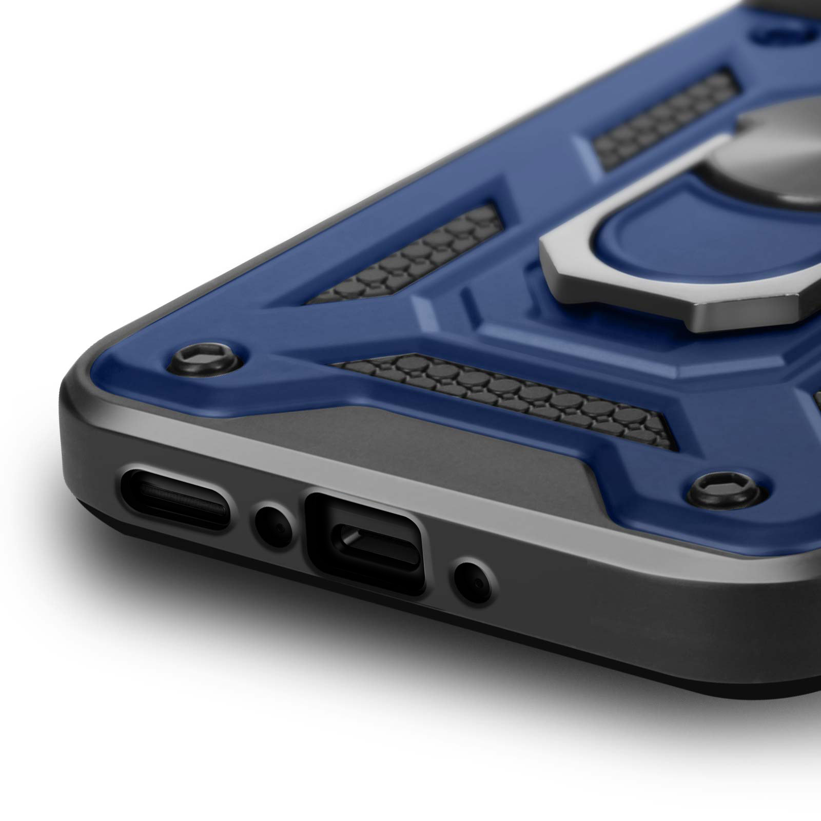 Close-up van een zwarte telefoonhoes met blauwe details, ring en een metalen ringhouder.