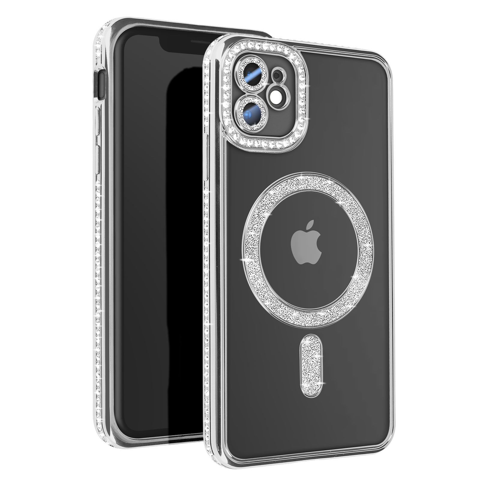 iPhone nero con custodia trasparente con strass, anello MagSafe e logo Apple bianco.