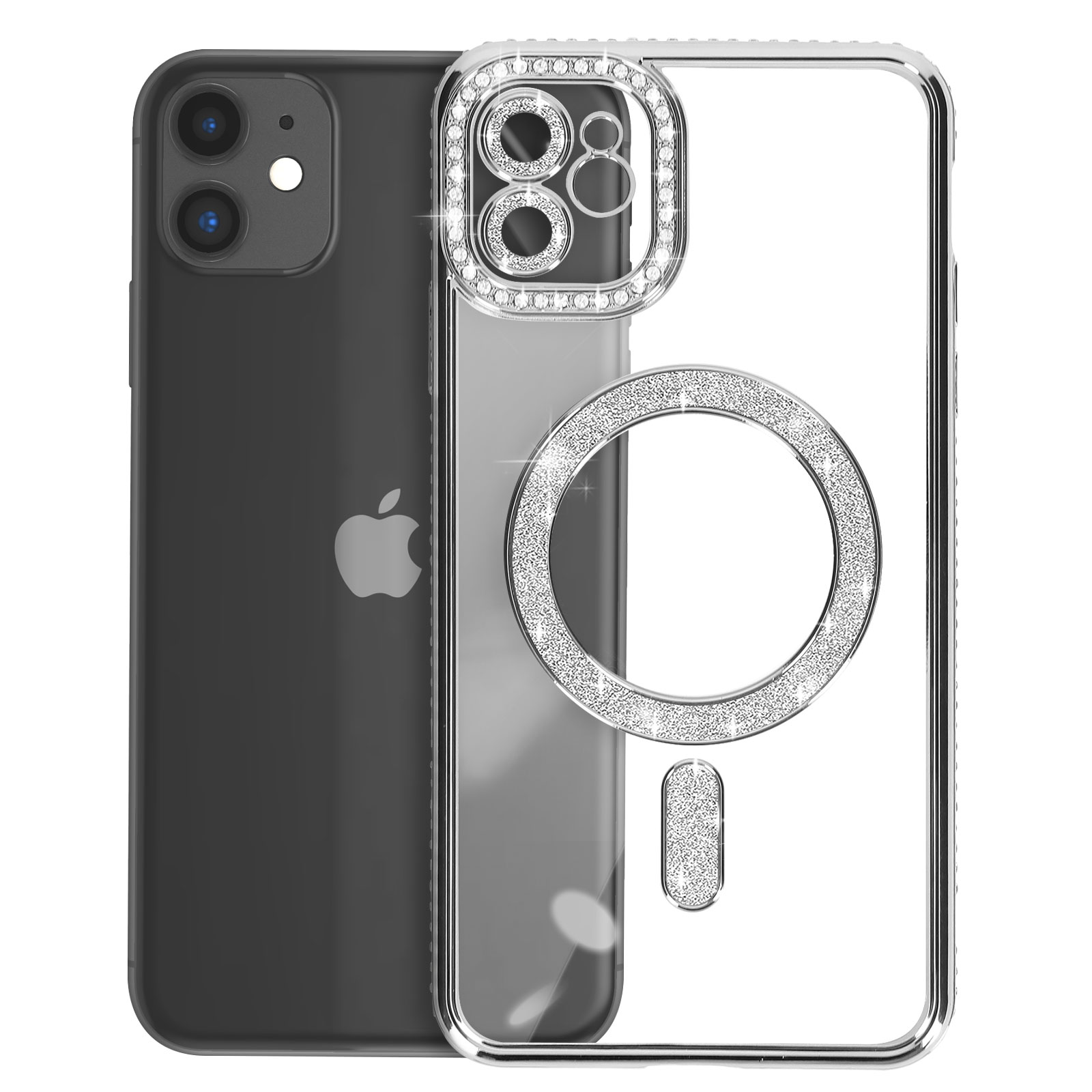 iPhone nero con custodia trasparente, strass, anello MagSafe e logo Apple.