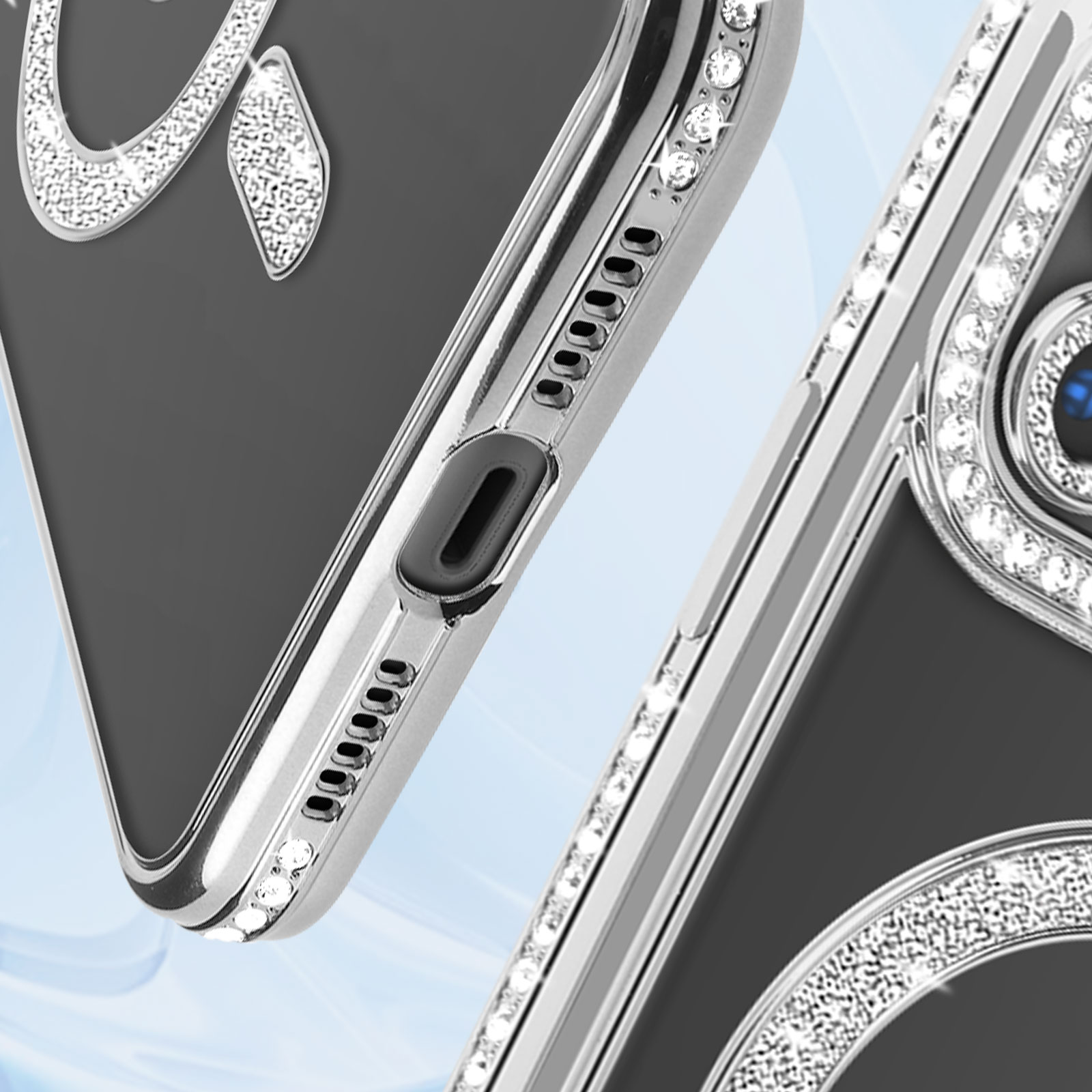 Primo piano di una custodia per telefono con design a serpente, cristalli e dettagli argentati su sfondo blu.