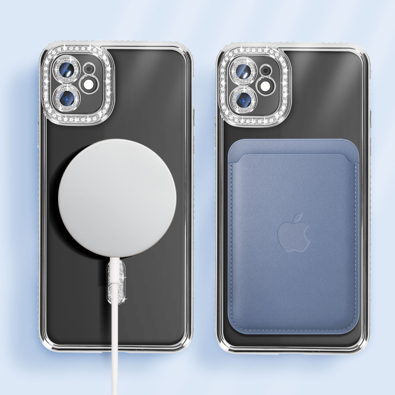 iPhone nero con custodia trasparente, strass, MagSafe e un porta carte blu.