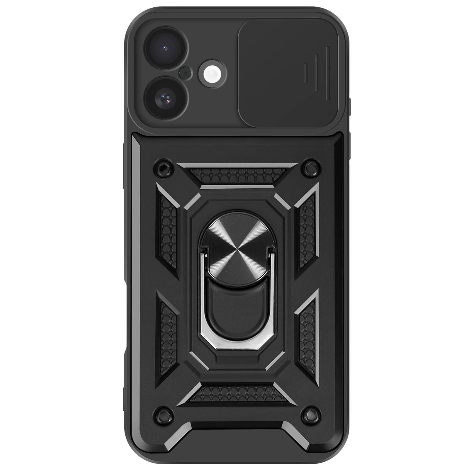 Una custodia per telefono nera con copertura della fotocamera e supporto ad anello. La custodia è robusta e protettiva.