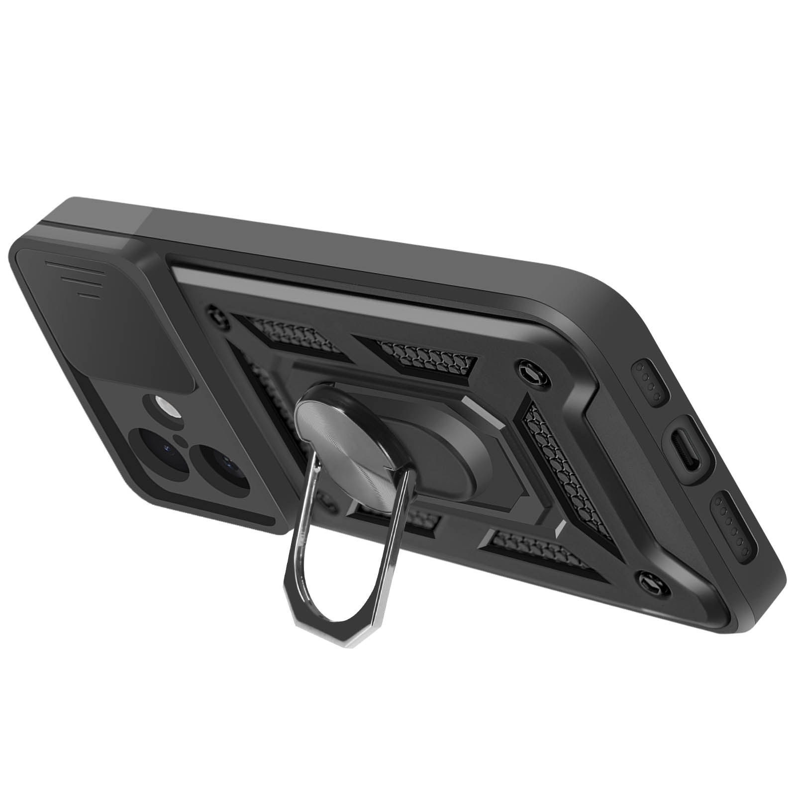Custodia nera per telefono con anello e protezione fotocamera. La custodia è inclinata.