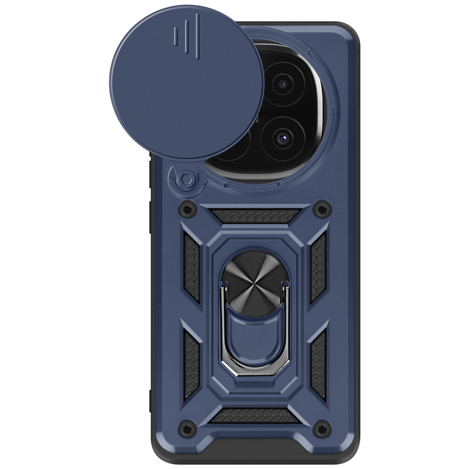 Una custodia per telefono blu con copertura della fotocamera e supporto ad anello. La custodia ha un design robusto.