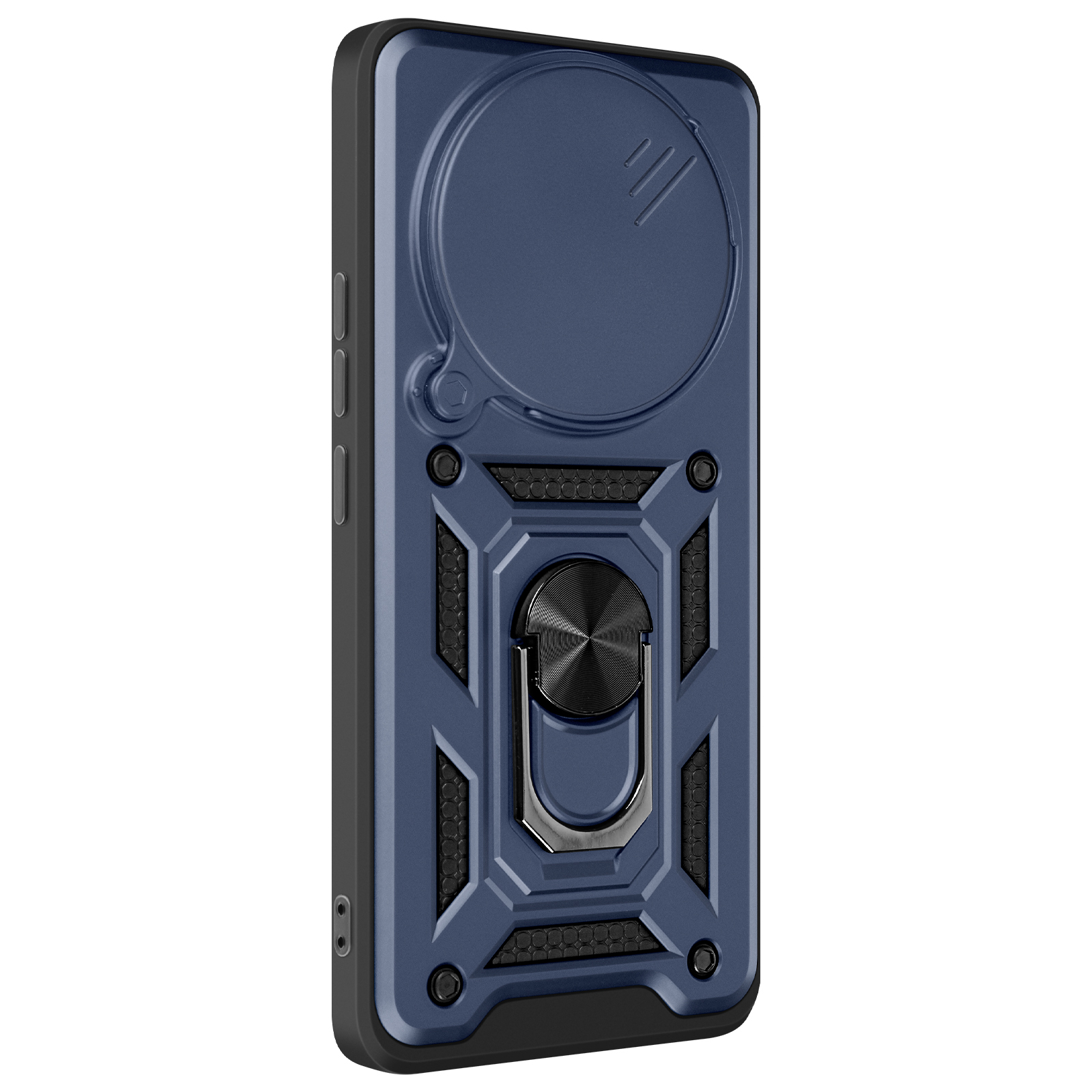 Una custodia per telefono blu con copertura della fotocamera e supporto ad anello. La custodia è robusta e protettiva.