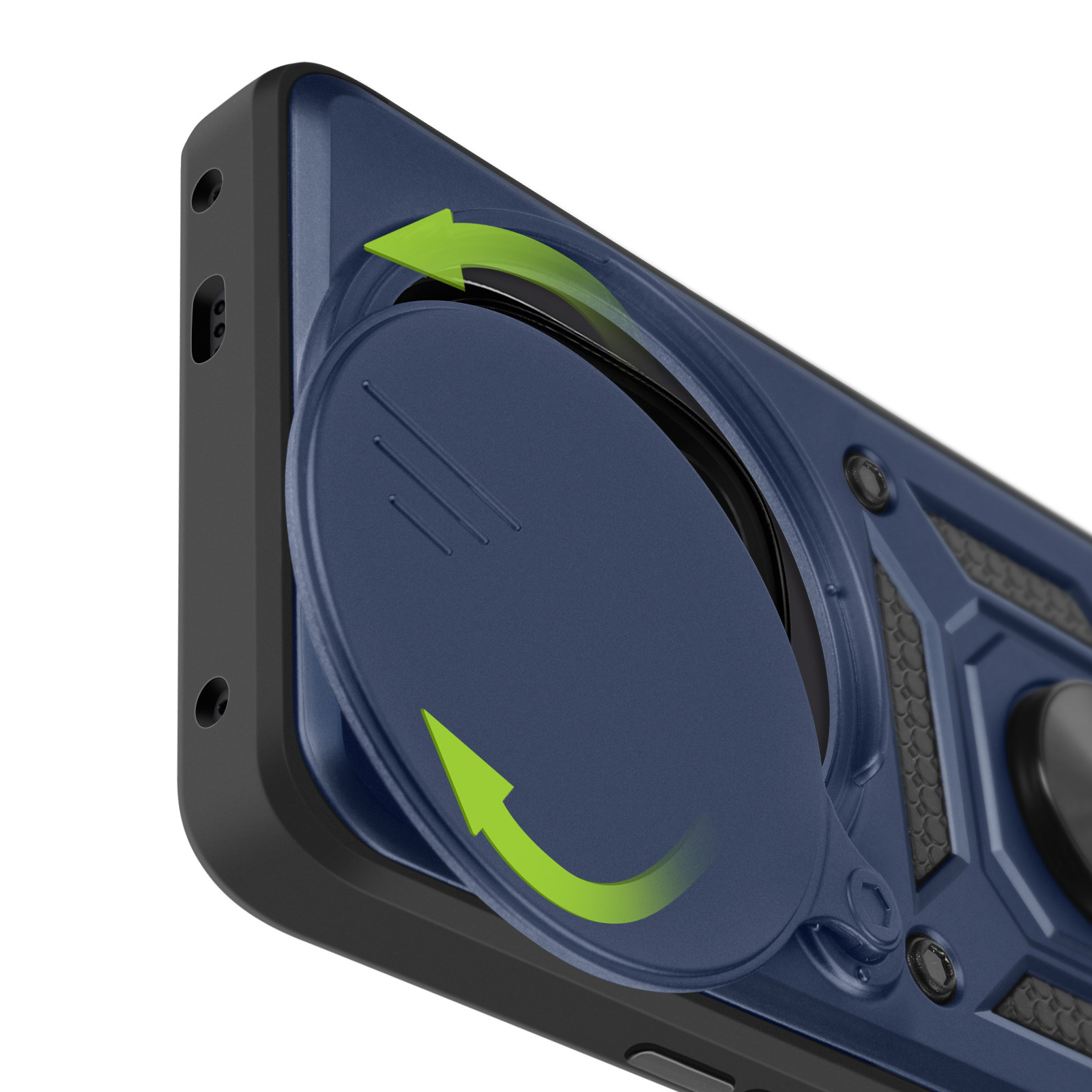 Primo piano di una custodia per telefono blu con copertura della fotocamera. La copertura è aperta, con frecce verdi.
