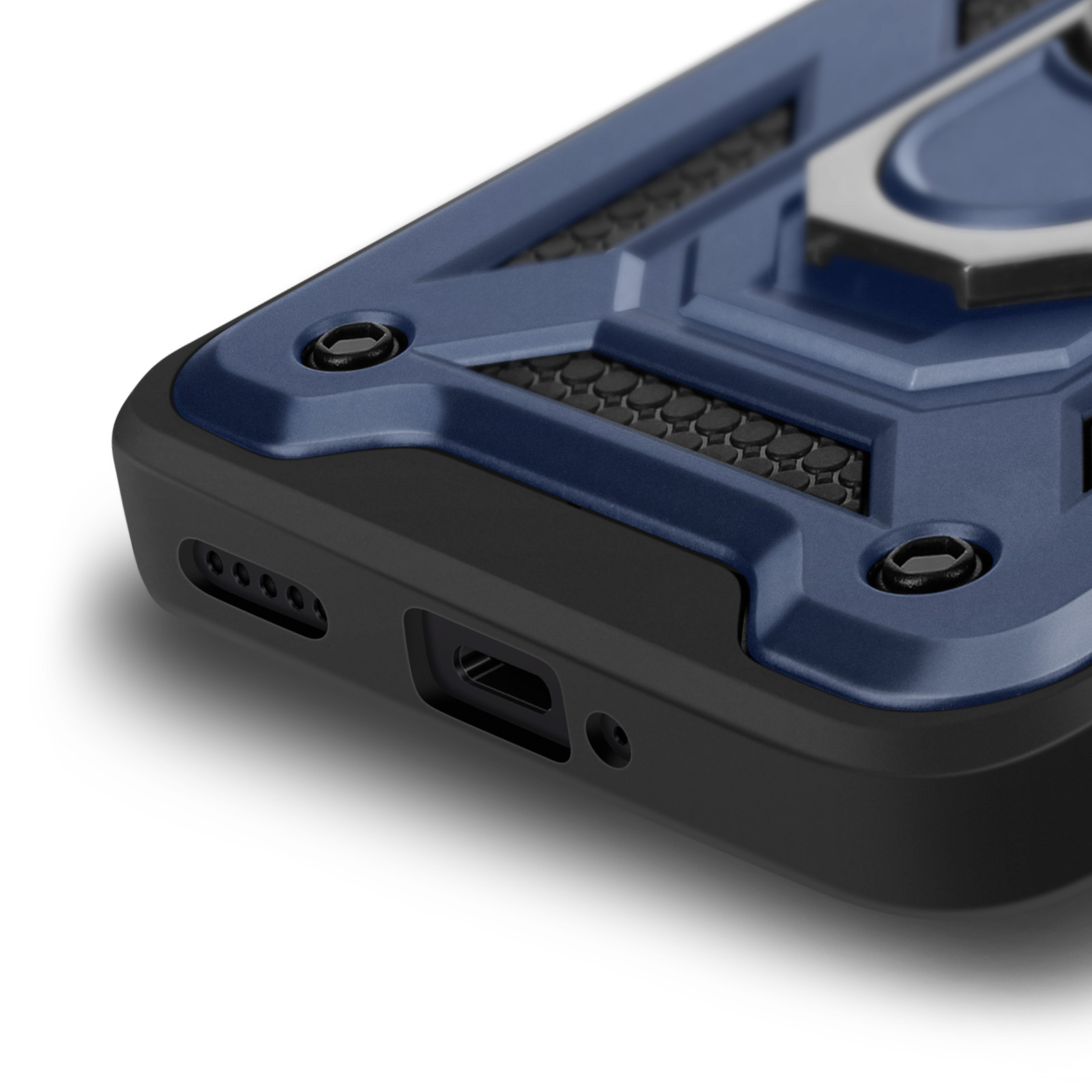 Primo piano di una custodia per telefono blu e nera. Ha un supporto ad anello, dettagli neri e una porta di ricarica.