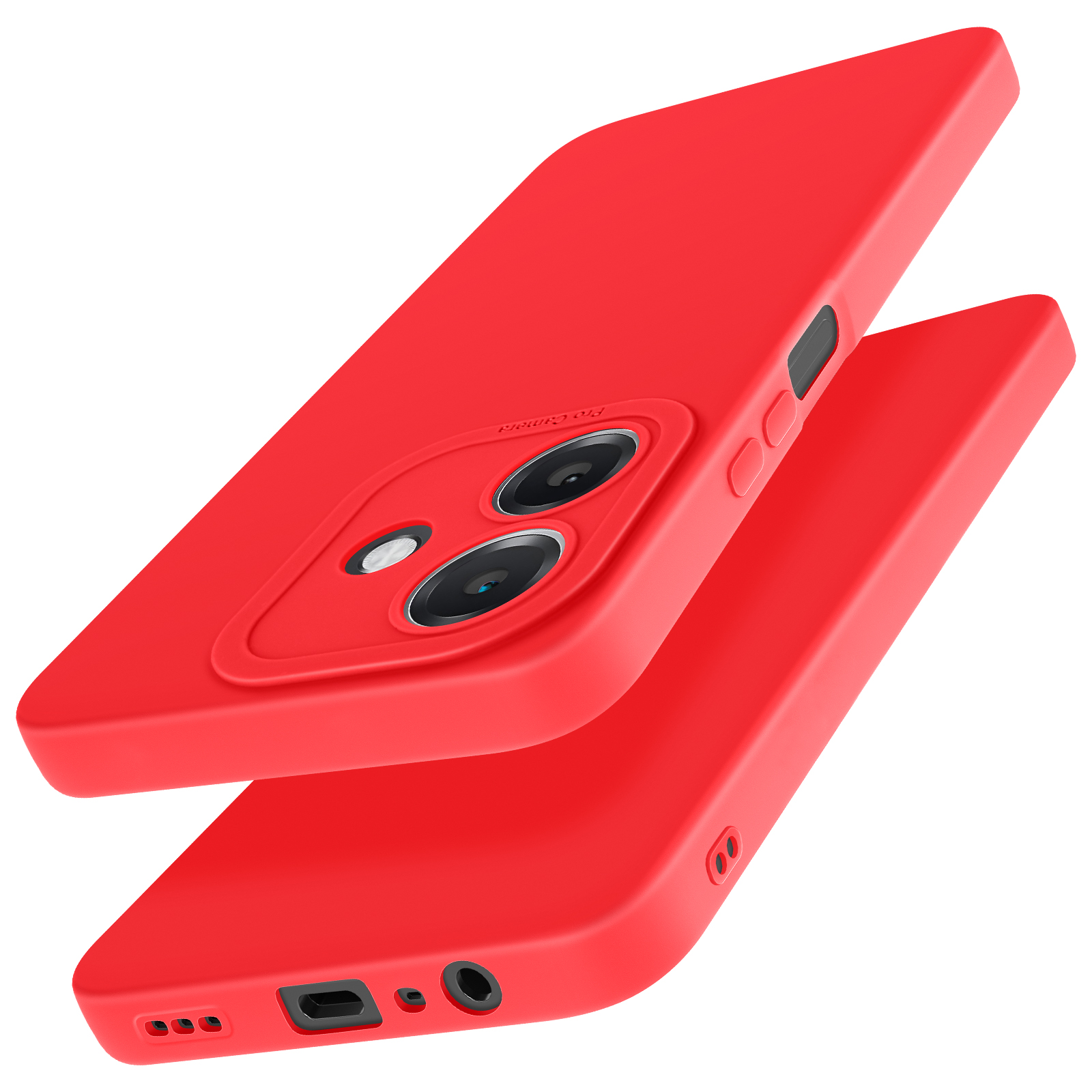 Due custodie per telefono rosse, una sopra l'altra, con ritagli per la fotocamera e la porta di ricarica.