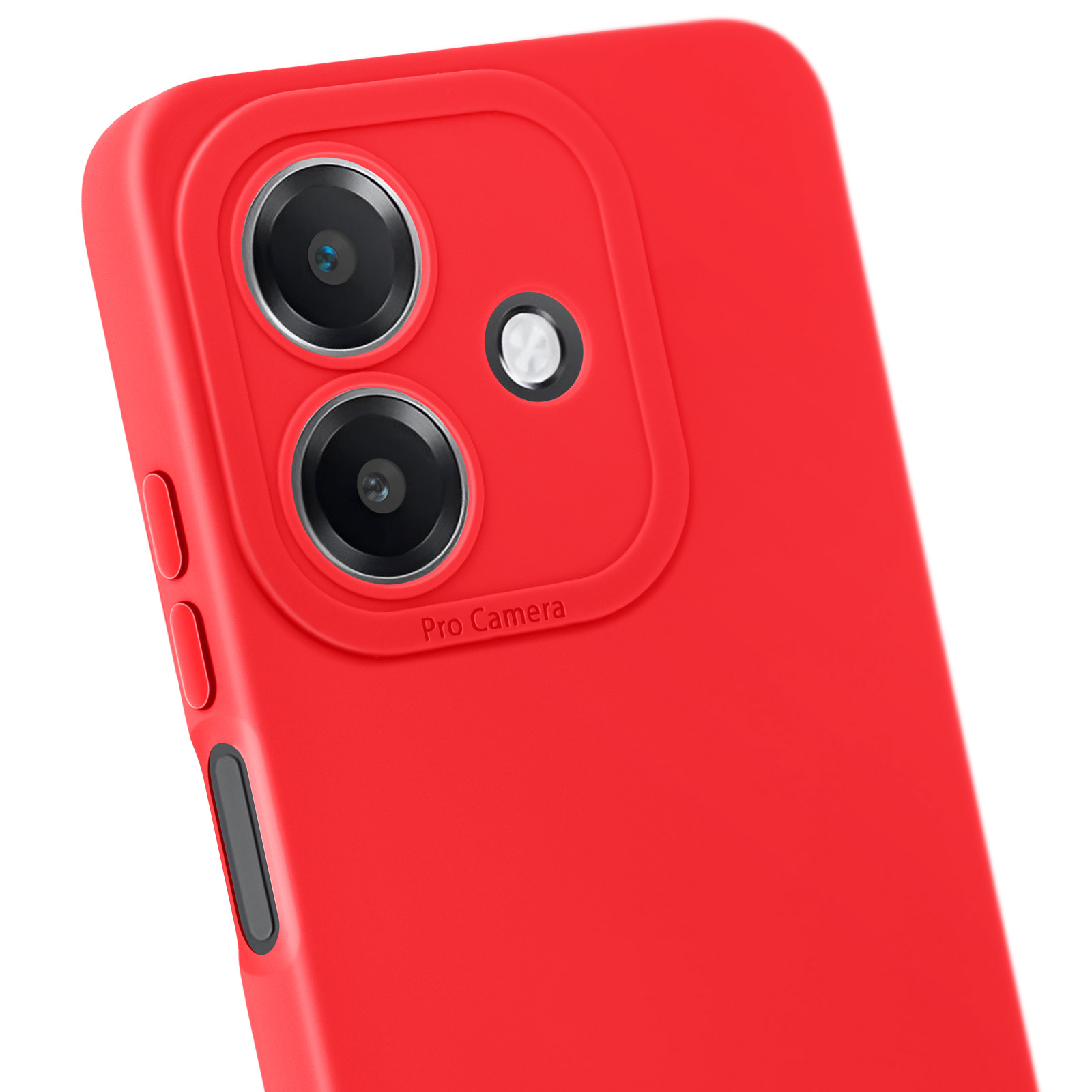 Custodia per telefono rossa con ritagli per fotocamera. Primo piano. Il telefono è a destra.
