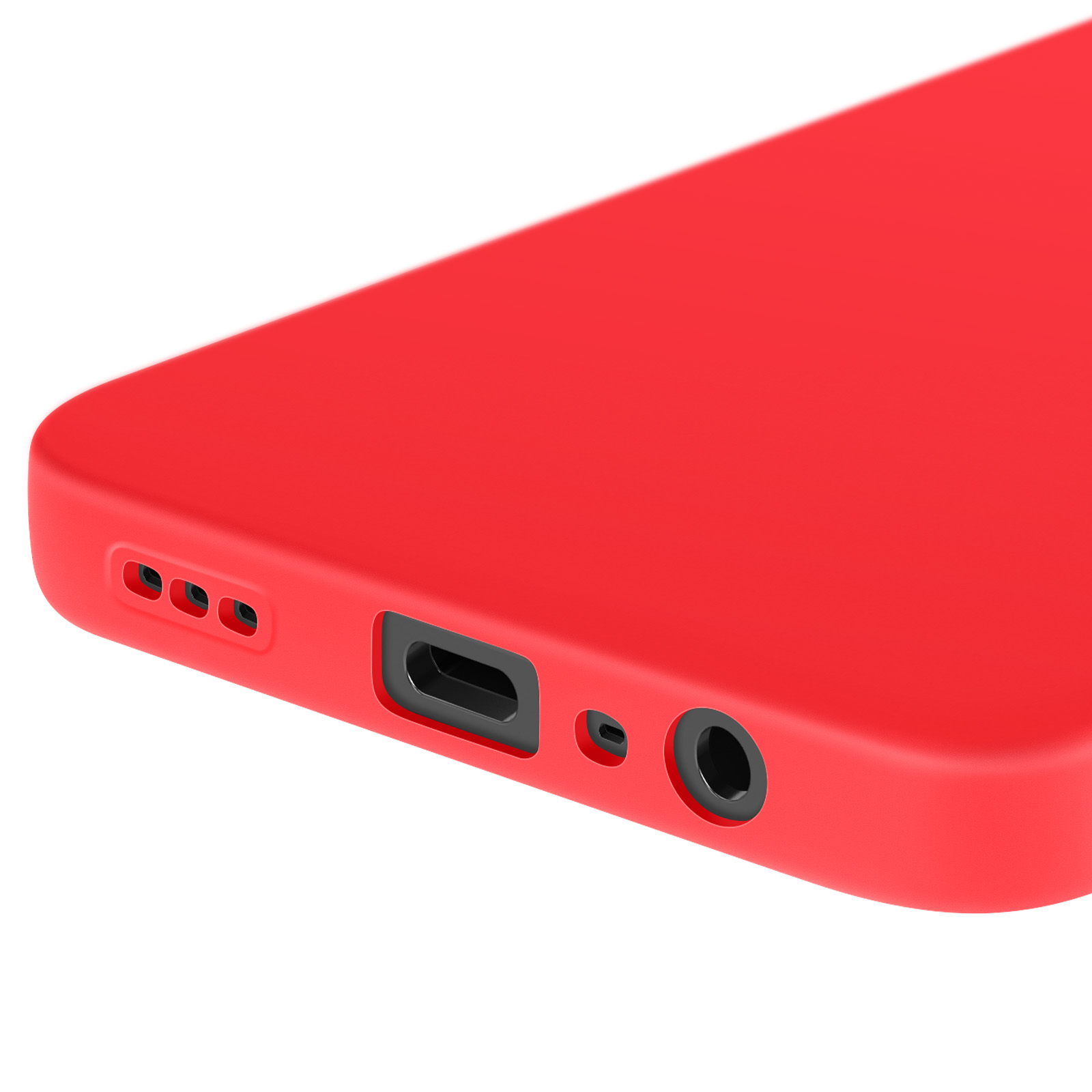 Primo piano di una custodia per telefono rossa con porta di ricarica, fori per altoparlanti e fori per microfono.
