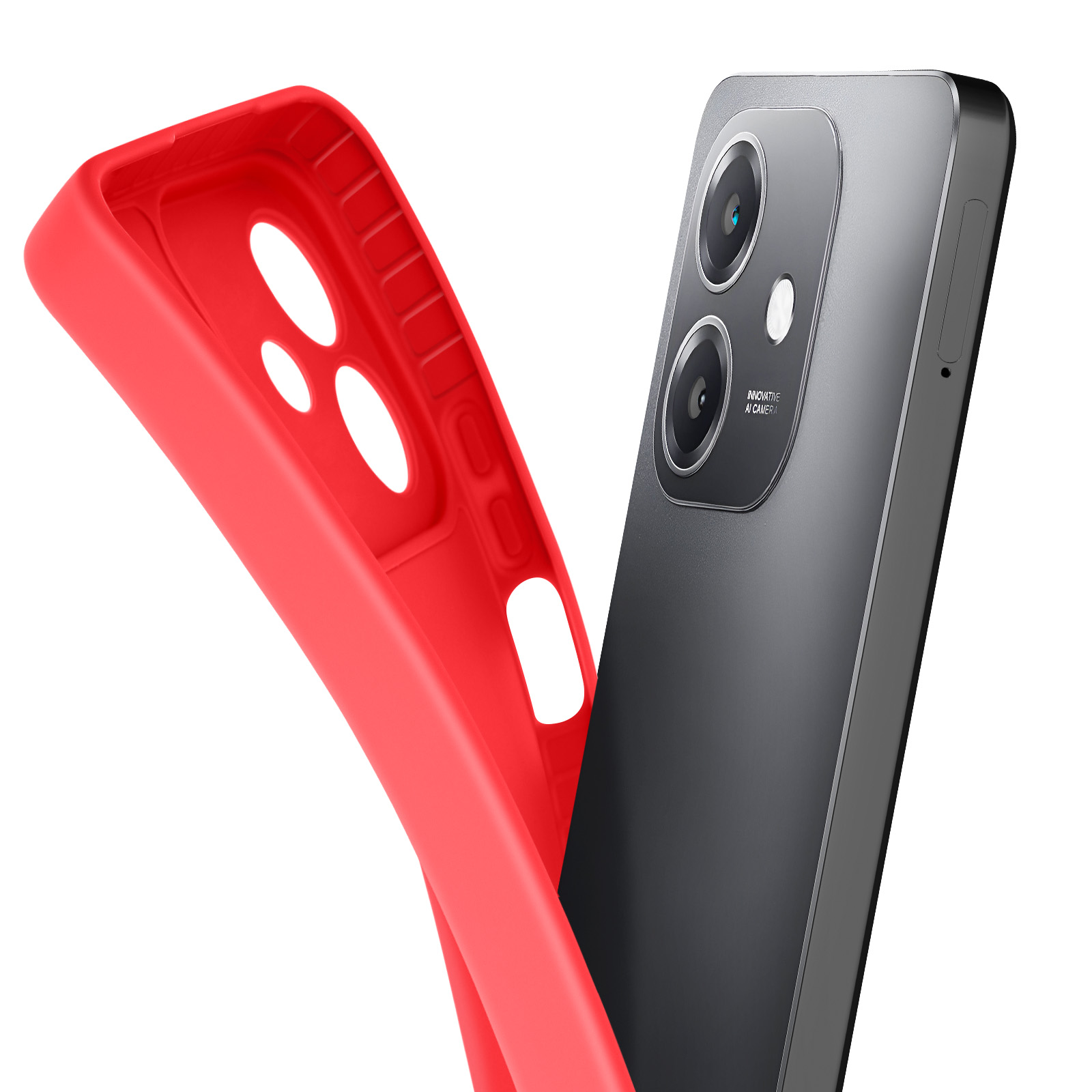 Custodia rossa separata da un telefono nero. La fotocamera del telefono è rivolta verso l'esterno.