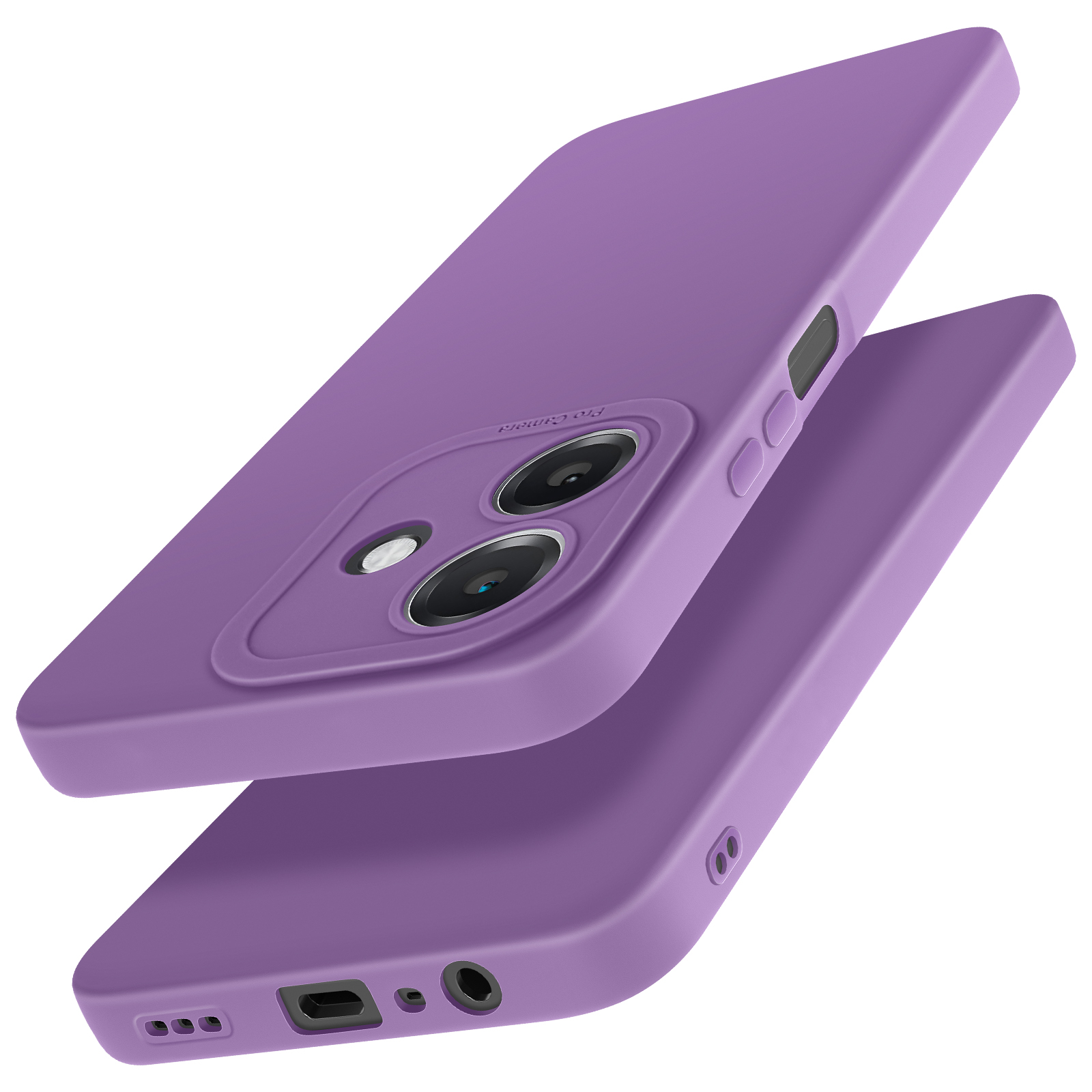 Due custodie per telefono viola, una sopra l'altra, con ritagli per la fotocamera e la porta di ricarica.