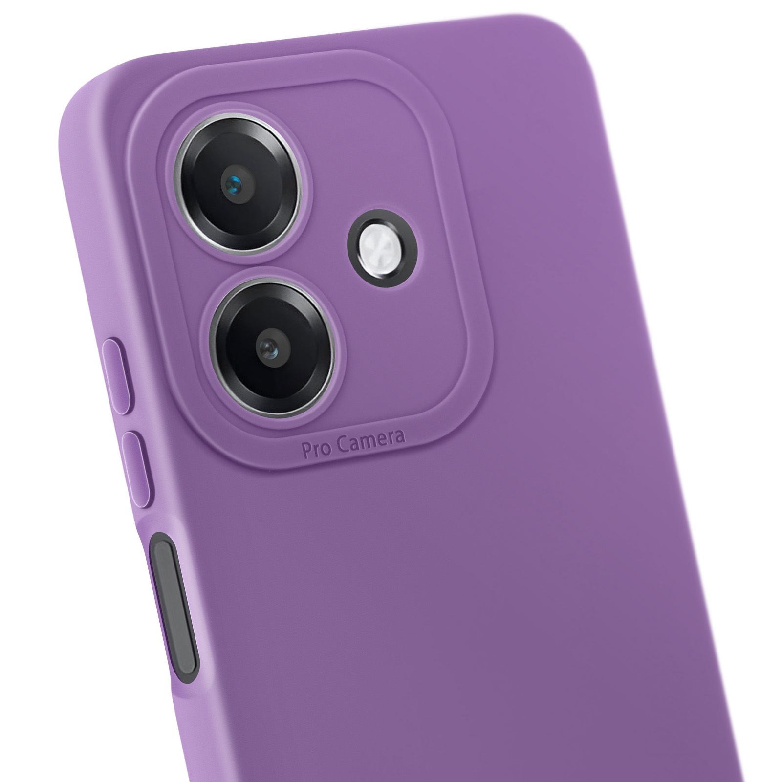 Primo piano di una custodia per telefono viola che mostra le lenti della fotocamera e la scritta 'Pro Camera'.