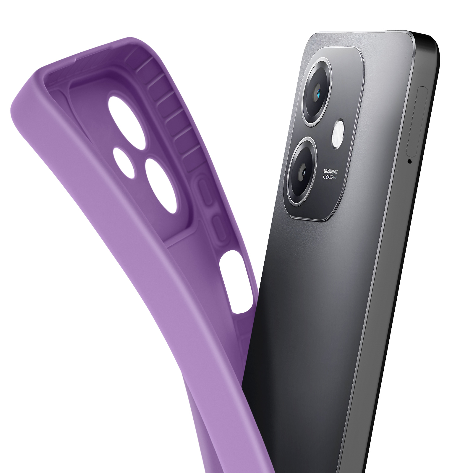 Custodia per telefono viola con telefono e fotocamera sul retro, separata dalla custodia.