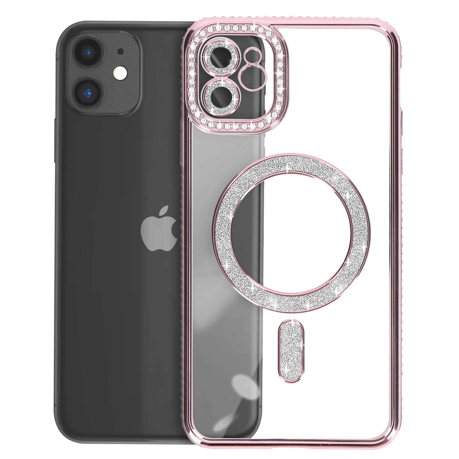 Custodia per iPhone con strass attorno alla fotocamera e ai bordi. Logo Apple sul retro. Telefono a sinistra.